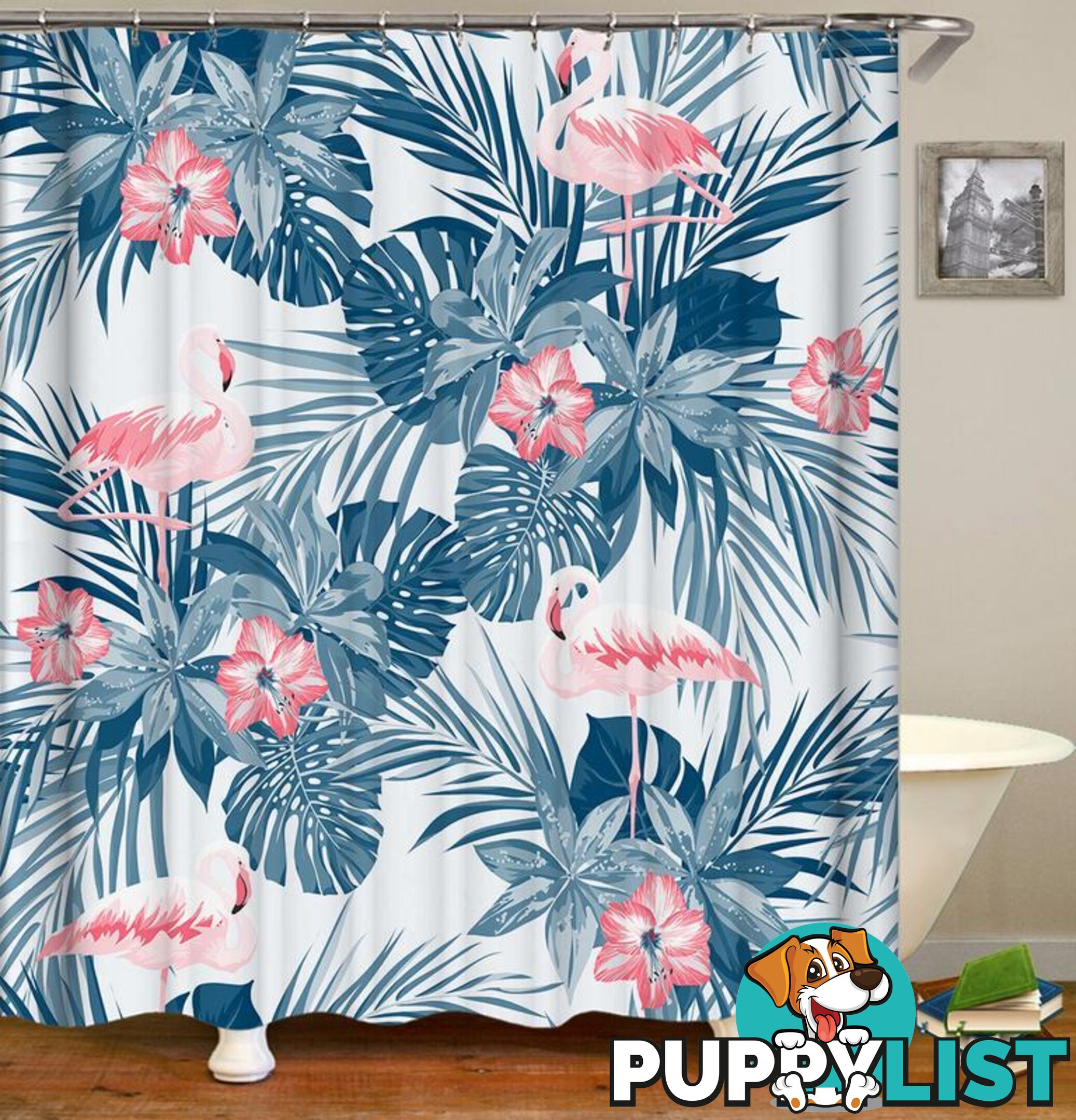 Bright Flamingo And Tropical Green Shower Curtain - Curtain - 7427046016162