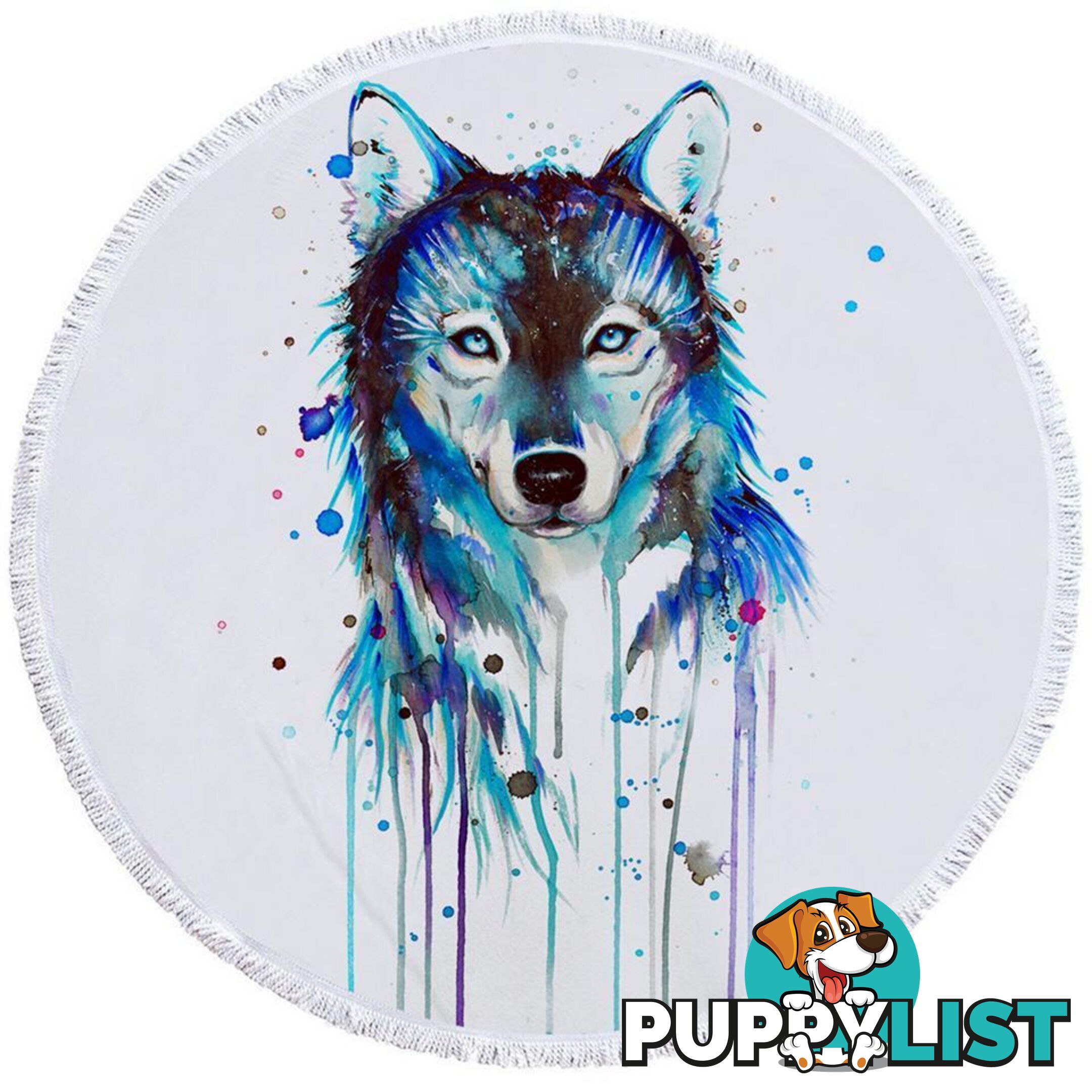 Blue Watercolor Wolf Beach Towel - Towel - 7427046329262