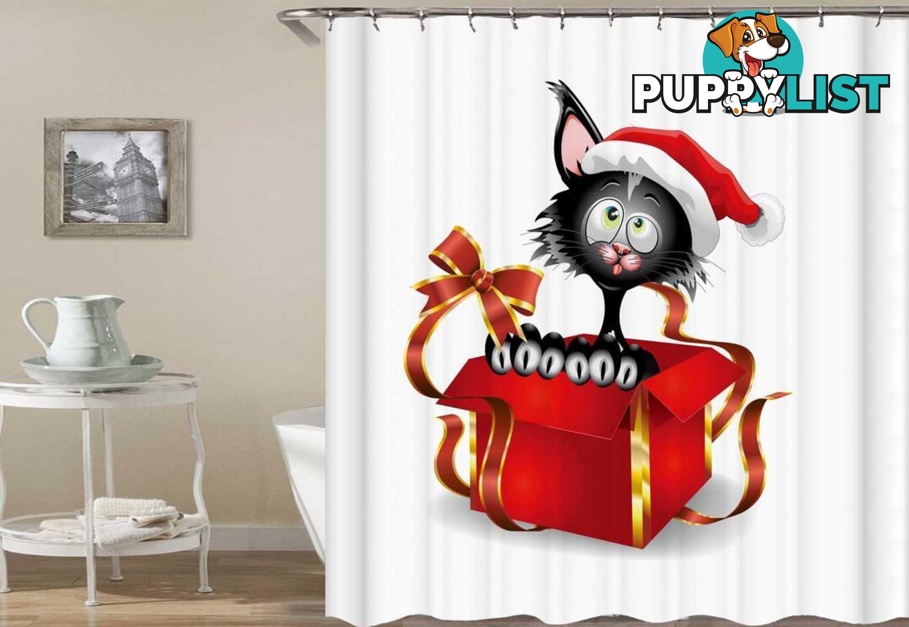 Santaâs Cat In A Gift Box Shower Curtain - Curtains - 7427046065672