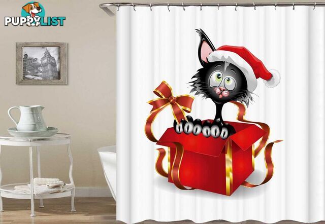 Santaâs Cat In A Gift Box Shower Curtain - Curtains - 7427046065672