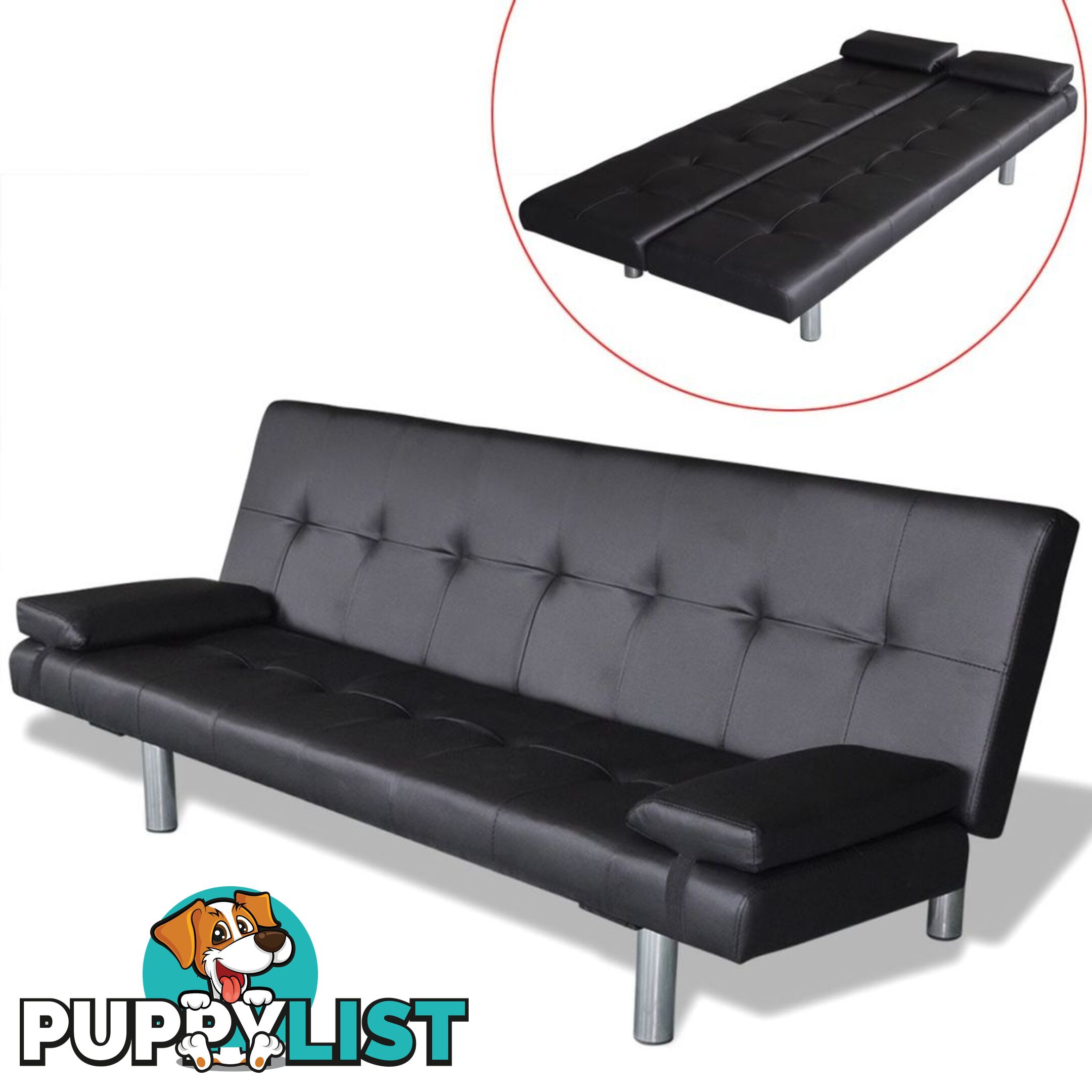 Adjustable Sofa Bed With Two Pillows Artificial Leather - Black - Unbranded - 8718475923725