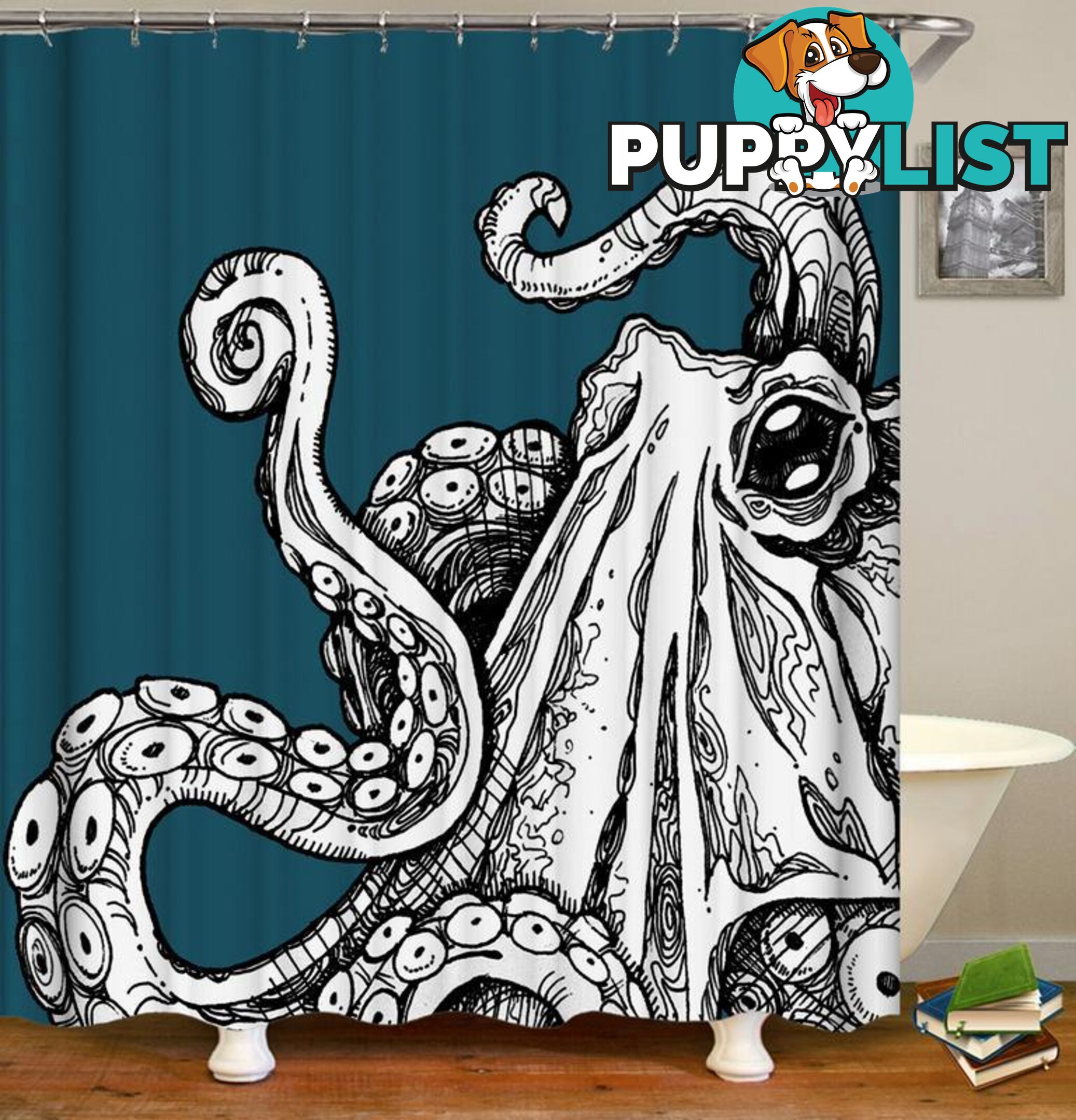 Black & White Octopus Over Turquoise Shower Curtain - Curtain - 7427046002905