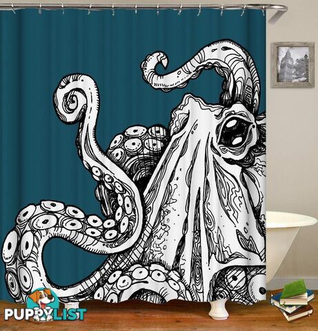 Black & White Octopus Over Turquoise Shower Curtain - Curtain - 7427046002905
