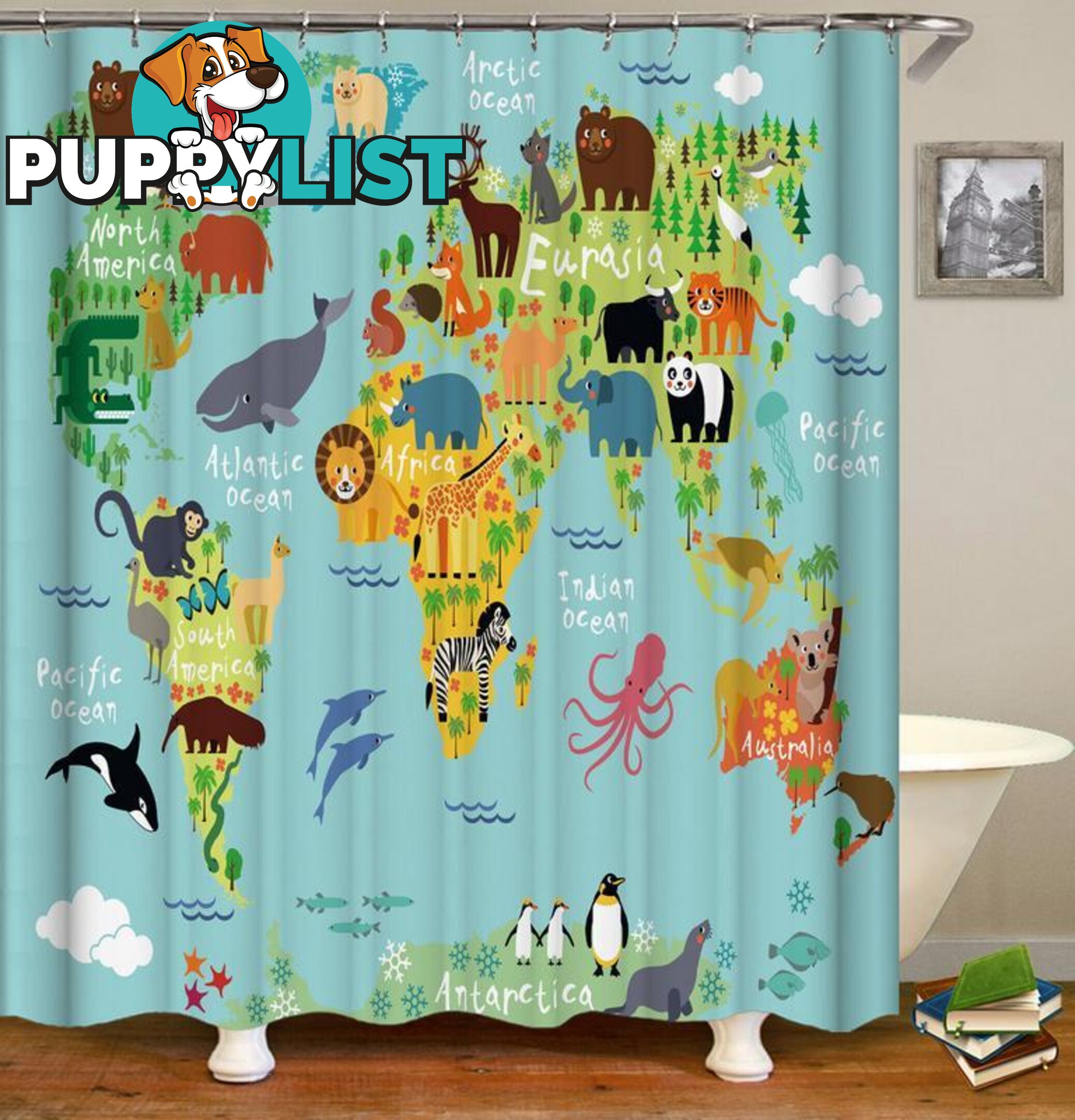 Cartoon Animals Introduce World Map Shower Curtain - Curtain - 7427005896309