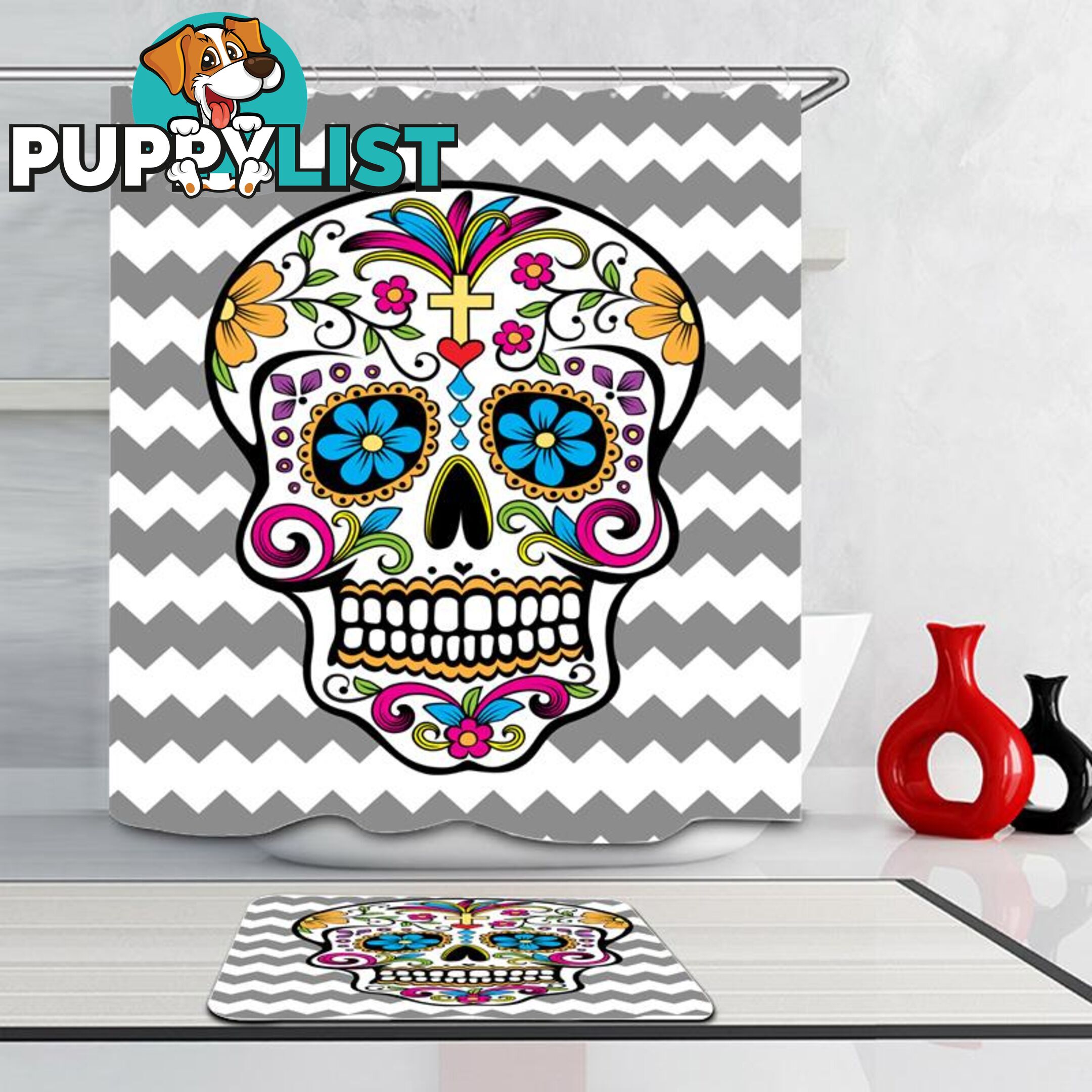 Sugar Skull Grey And White Chevron Shower Curtain - Curtain - 7427046037976