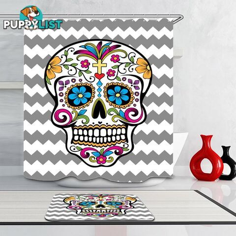 Sugar Skull Grey And White Chevron Shower Curtain - Curtain - 7427046037976