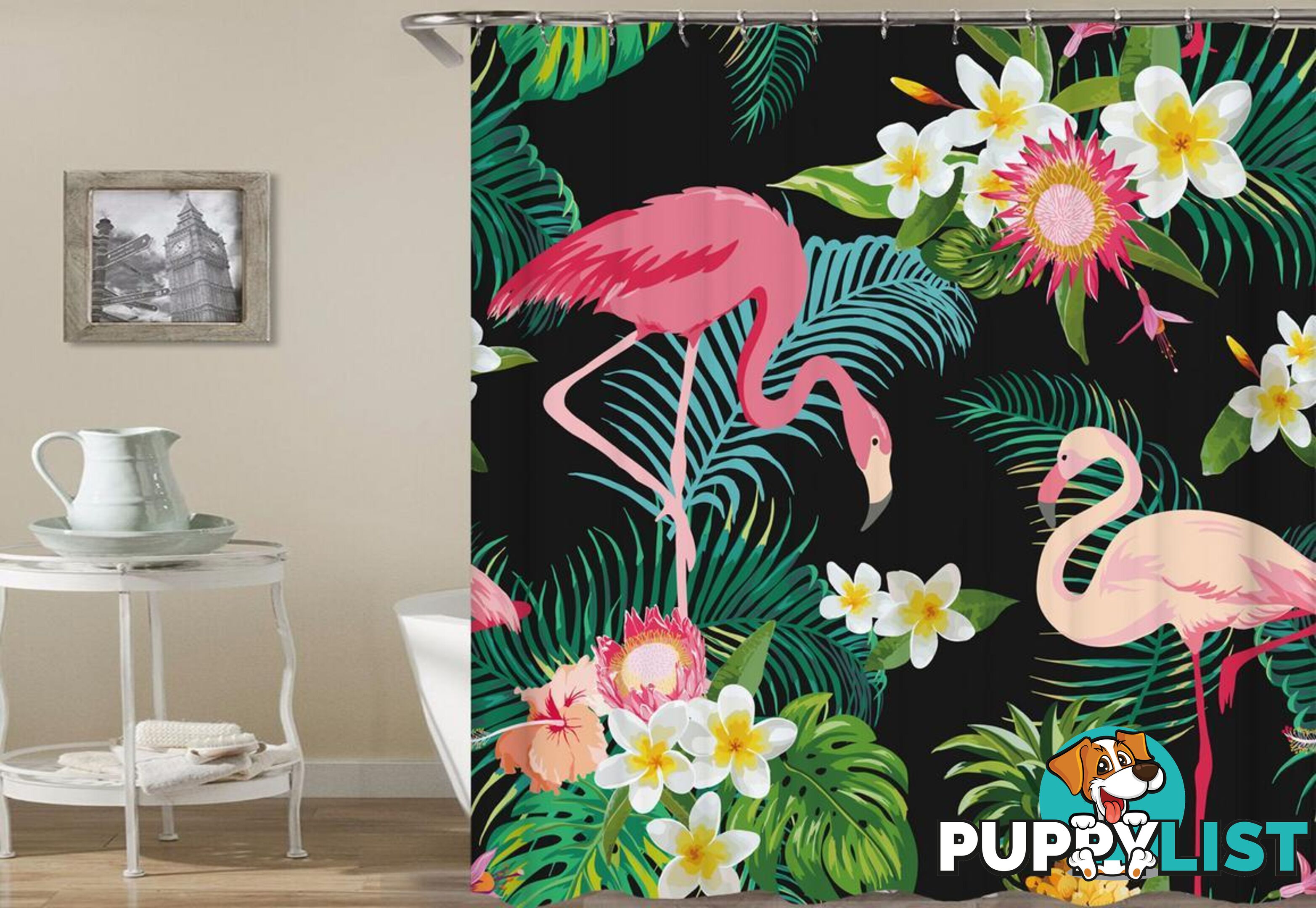 Tropical Flowers And Flamingo Shower Curtain - Curtain - 7427046039635