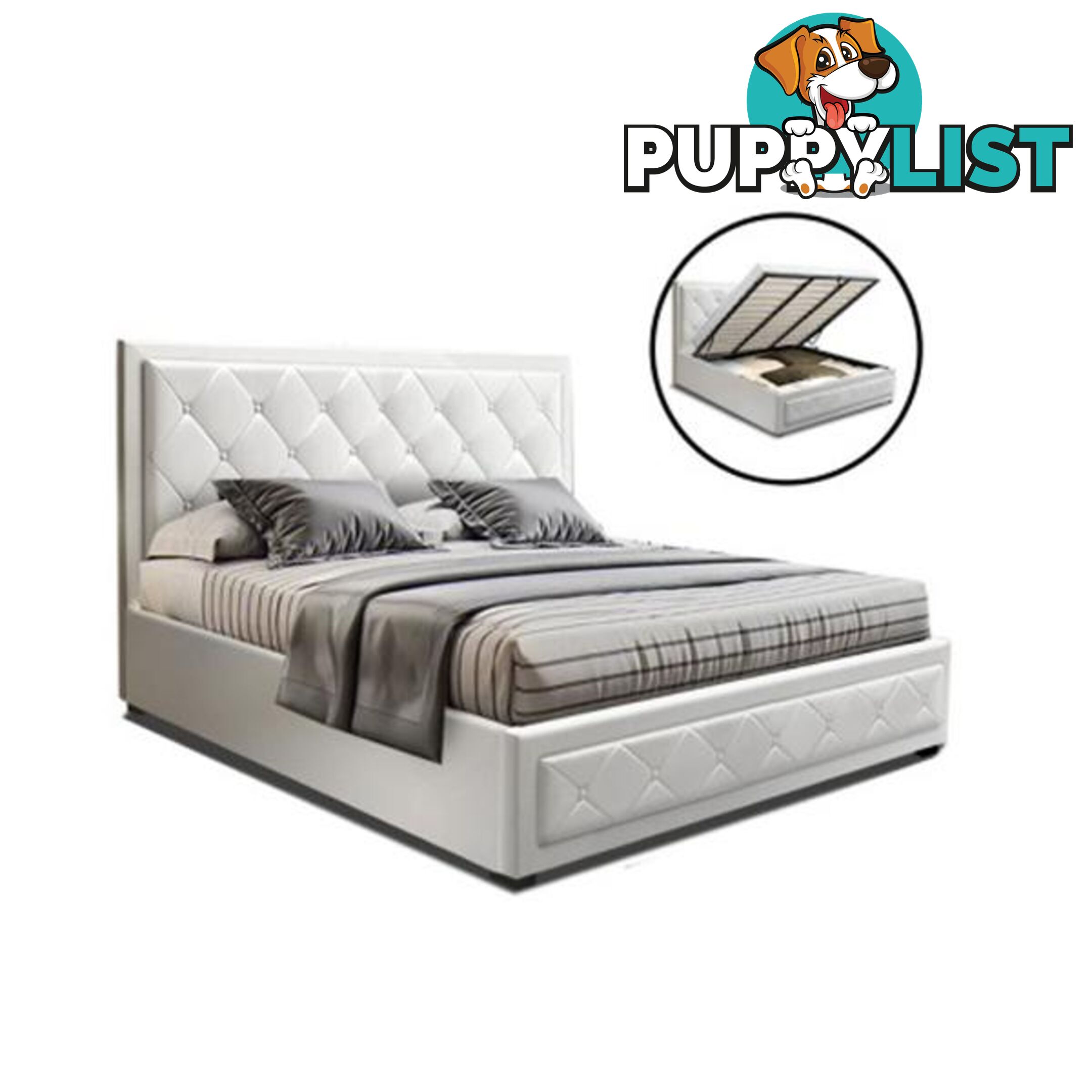 Tiyo Queen Size Gas Lift Bed Frame With Storage Mattress White Leather - Artiss - 9355720029239