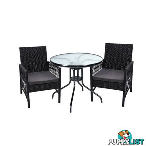 Outdoor Furniture Dining Chairs Rattan Cushion Black 3Pcs Cafe Bar Set - Gardeon - 9355720023589