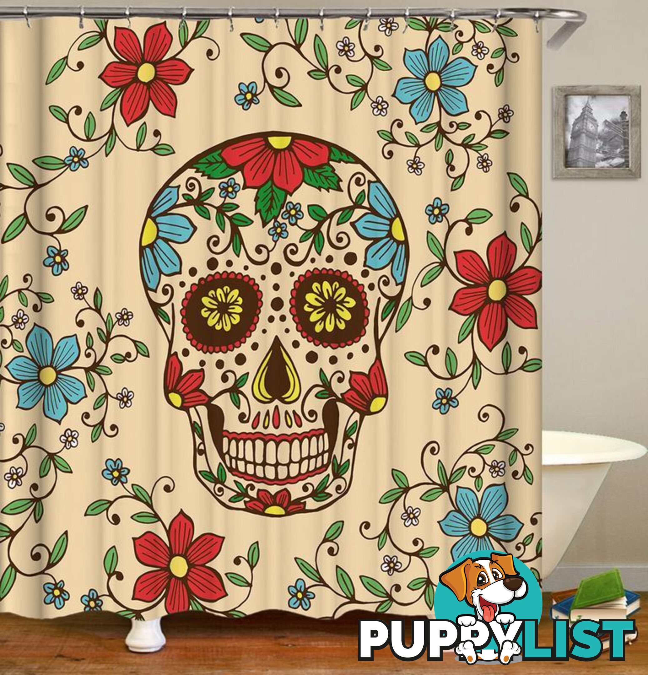 Red And Blue Flowers Skull Shower Curtain - Curtain - 7427046025775