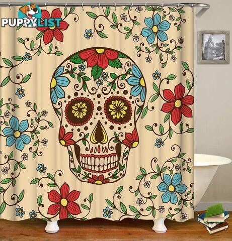 Red And Blue Flowers Skull Shower Curtain - Curtain - 7427046025775