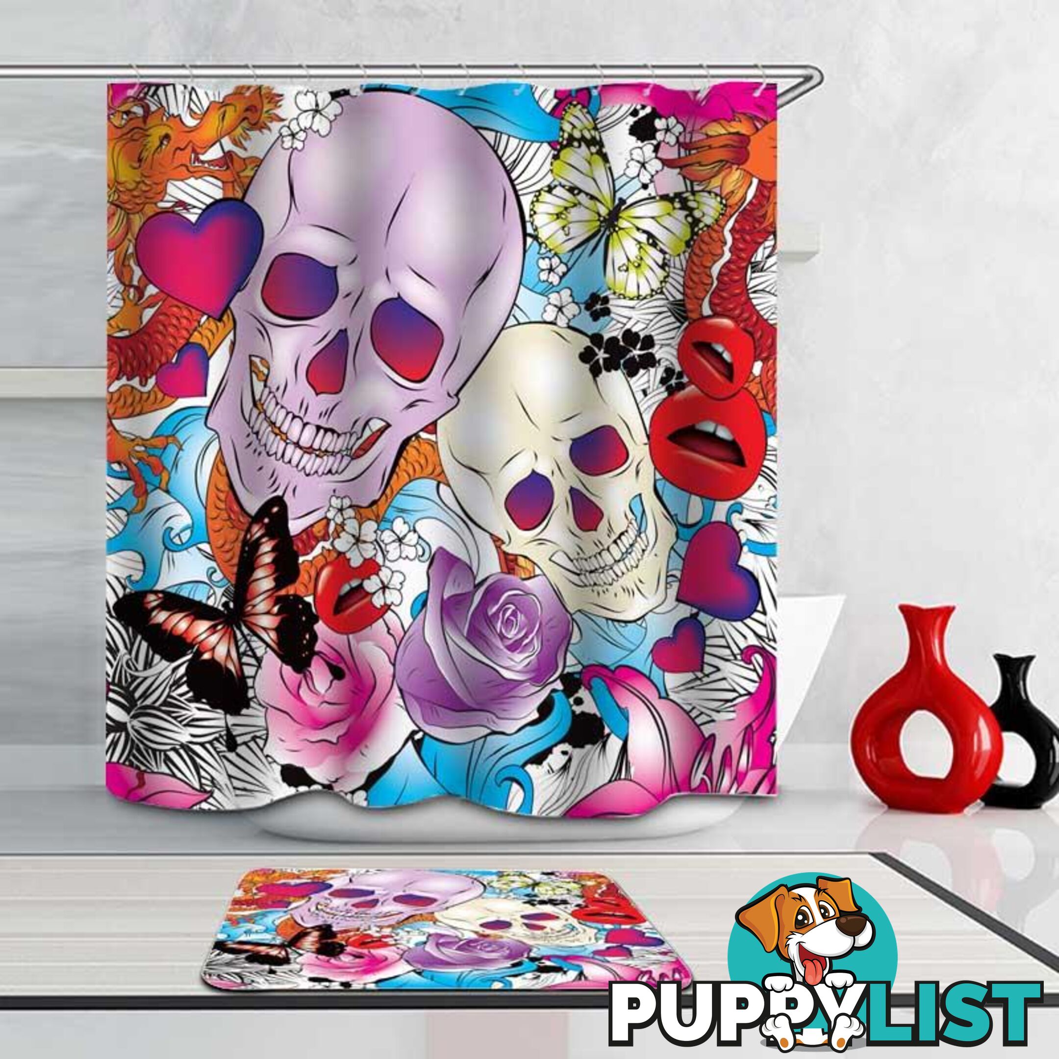 Colorful Skull And Romance Shower Curtain - Curtain - 7427046057691