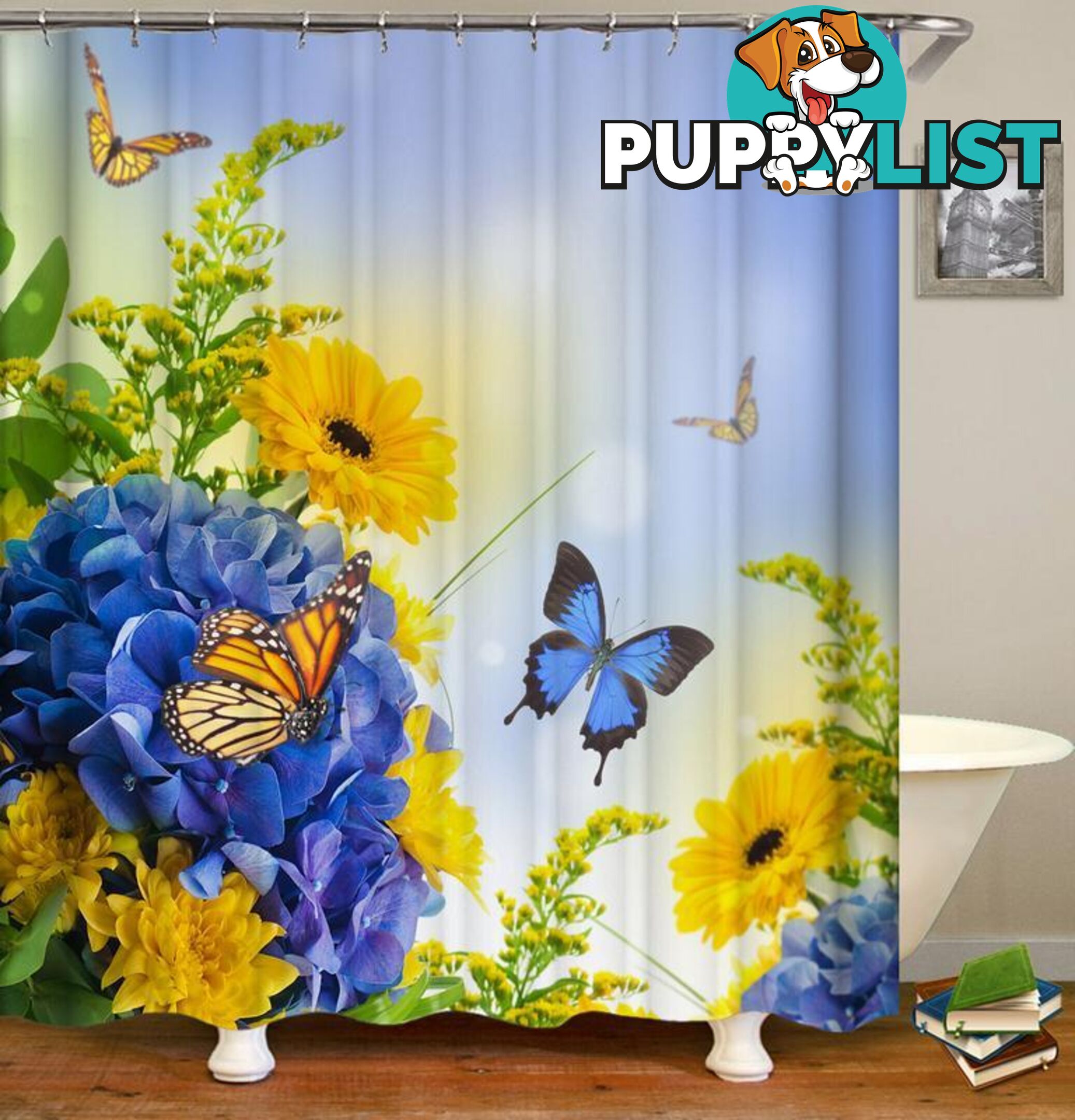 Blue And Yellow Flowers ft. Butterflies Shower Curtain - Curtain - 7427045918177