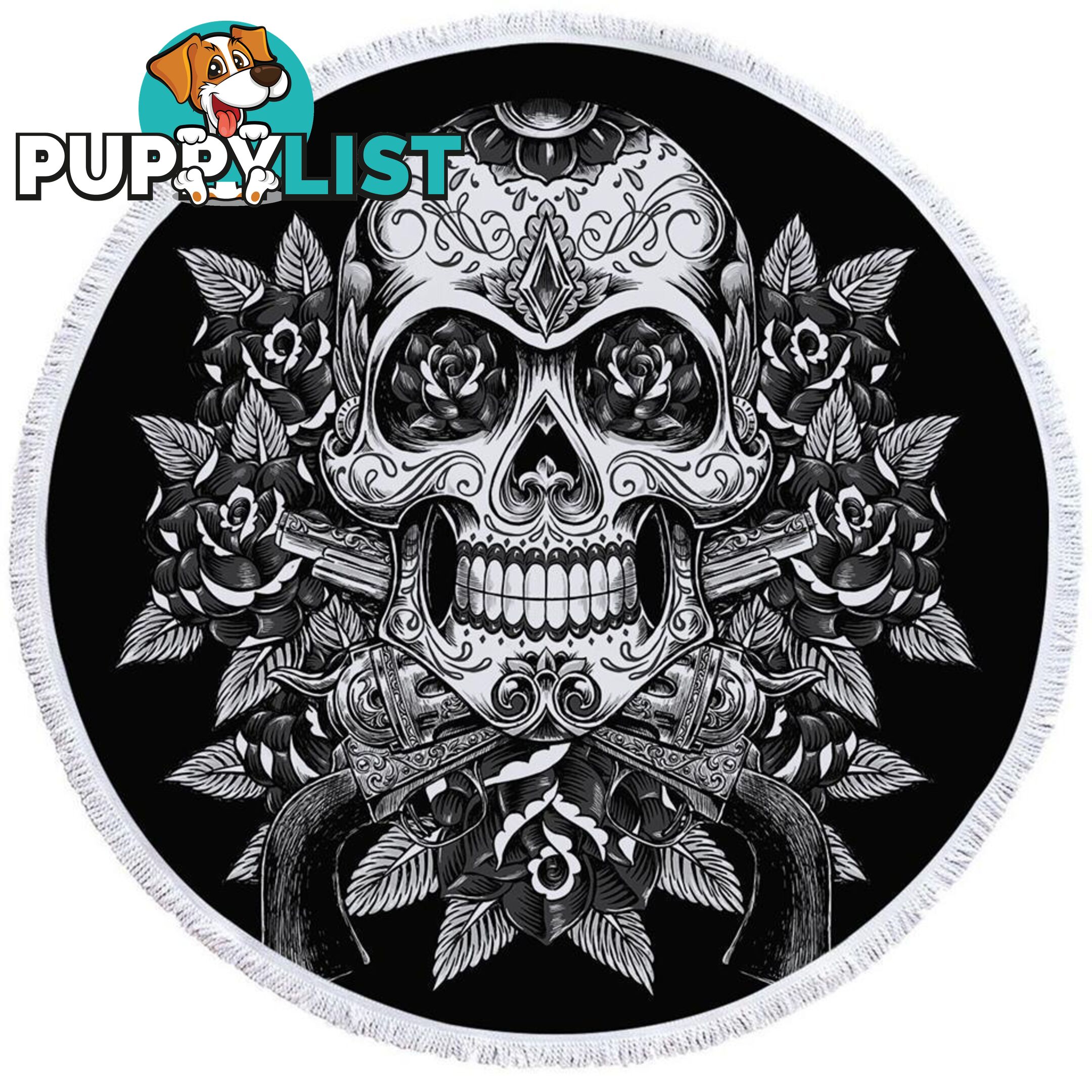 Black and White Skull Guns and Roses Beach Towel - Towel - 7427046320801