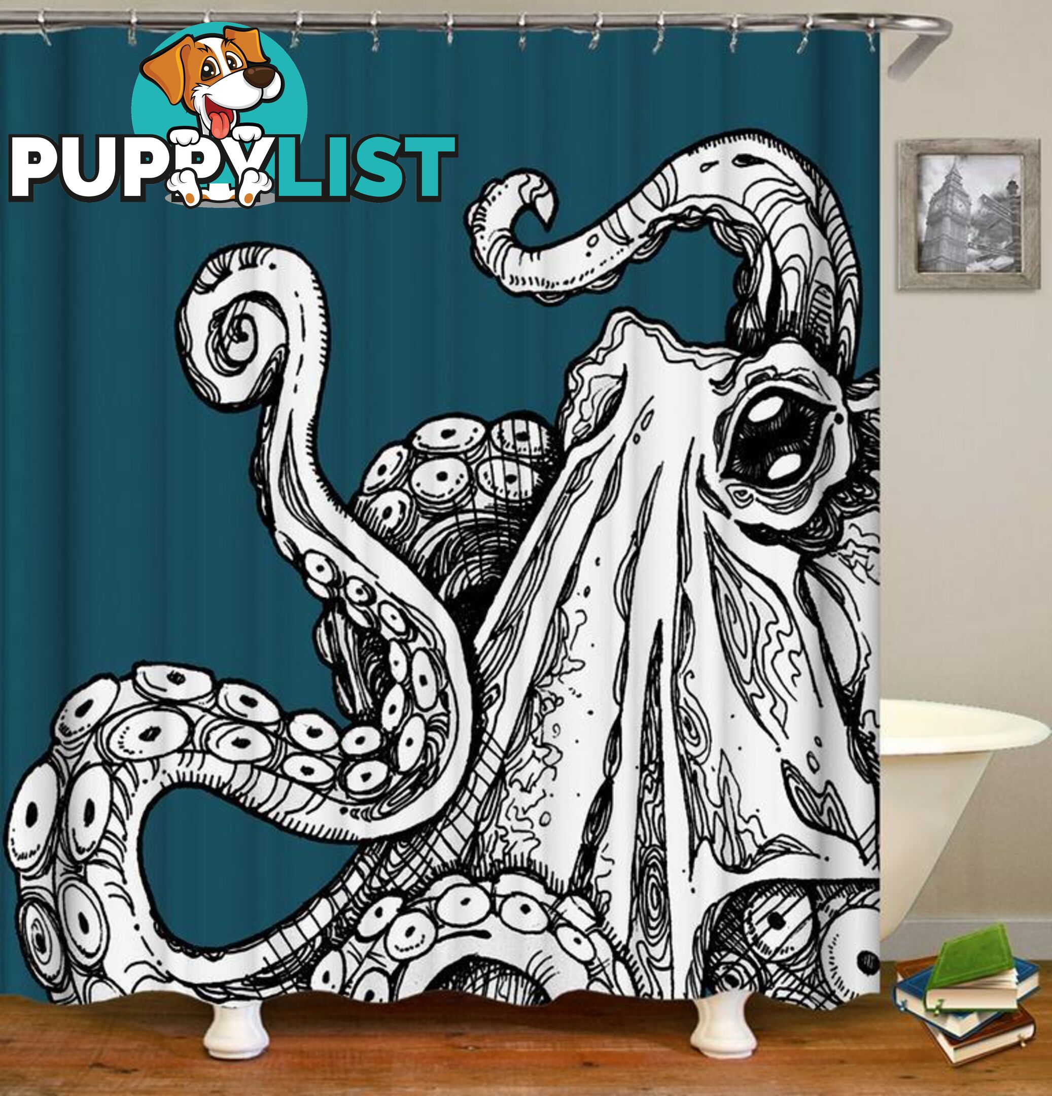 Black & White Octopus Over Turquoise Shower Curtain - Curtain - 7427046002837