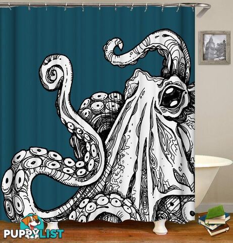 Black & White Octopus Over Turquoise Shower Curtain - Curtain - 7427046002837