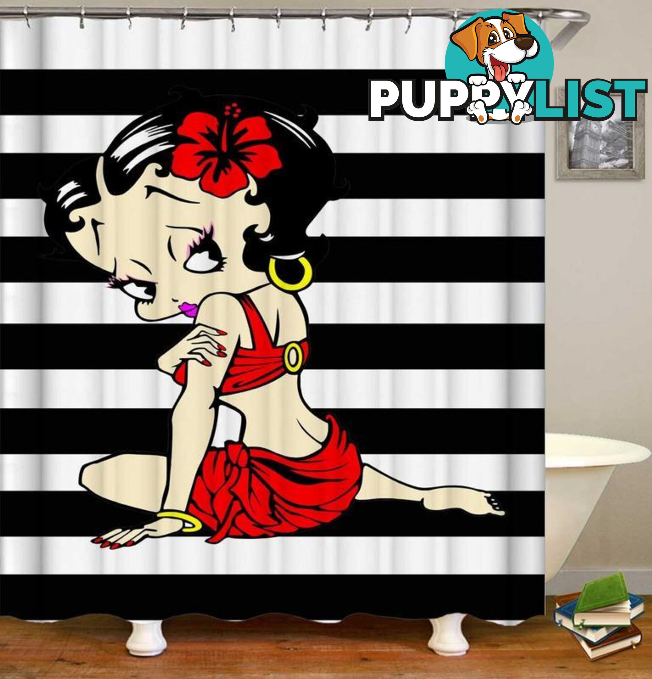 Sexy Betty Boop Over Black And White Stripes Shower Curtain - Curtain - 7427046053969