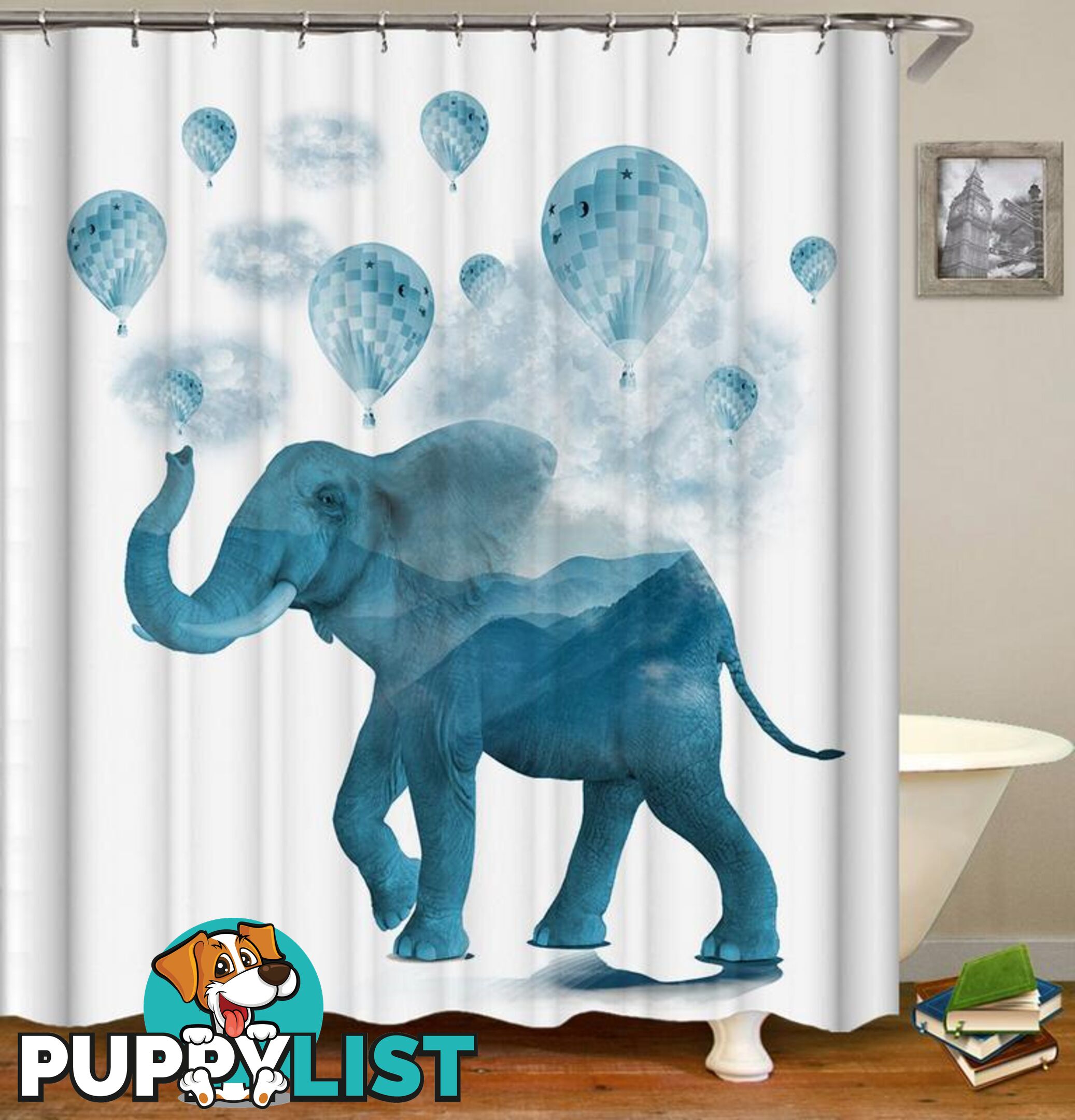 Blue Hot-Air Balloons And Elephant Shower Curtain - Curtain - 7427045996298