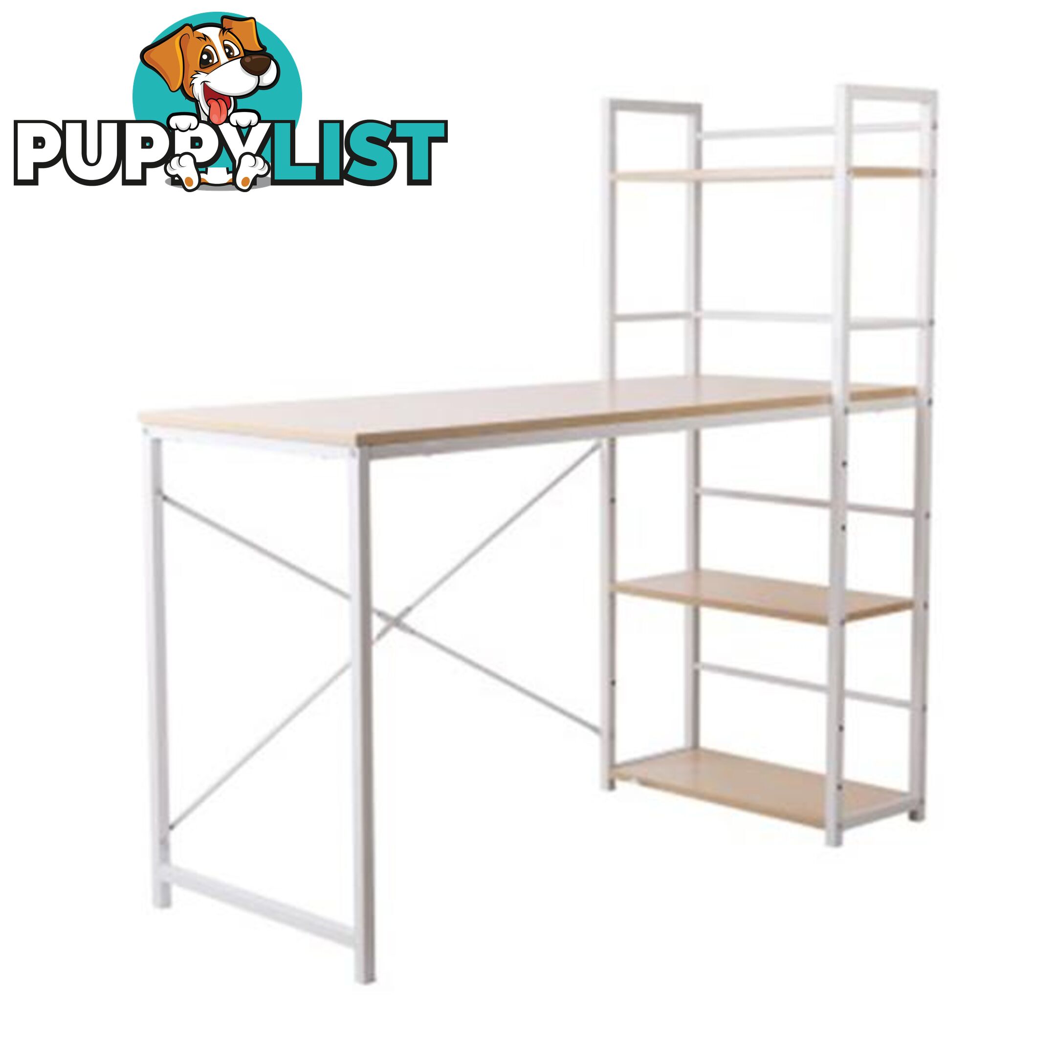 Artiss Metal Desk with Shelves White with Oak Top - Artiss - 9350062159842