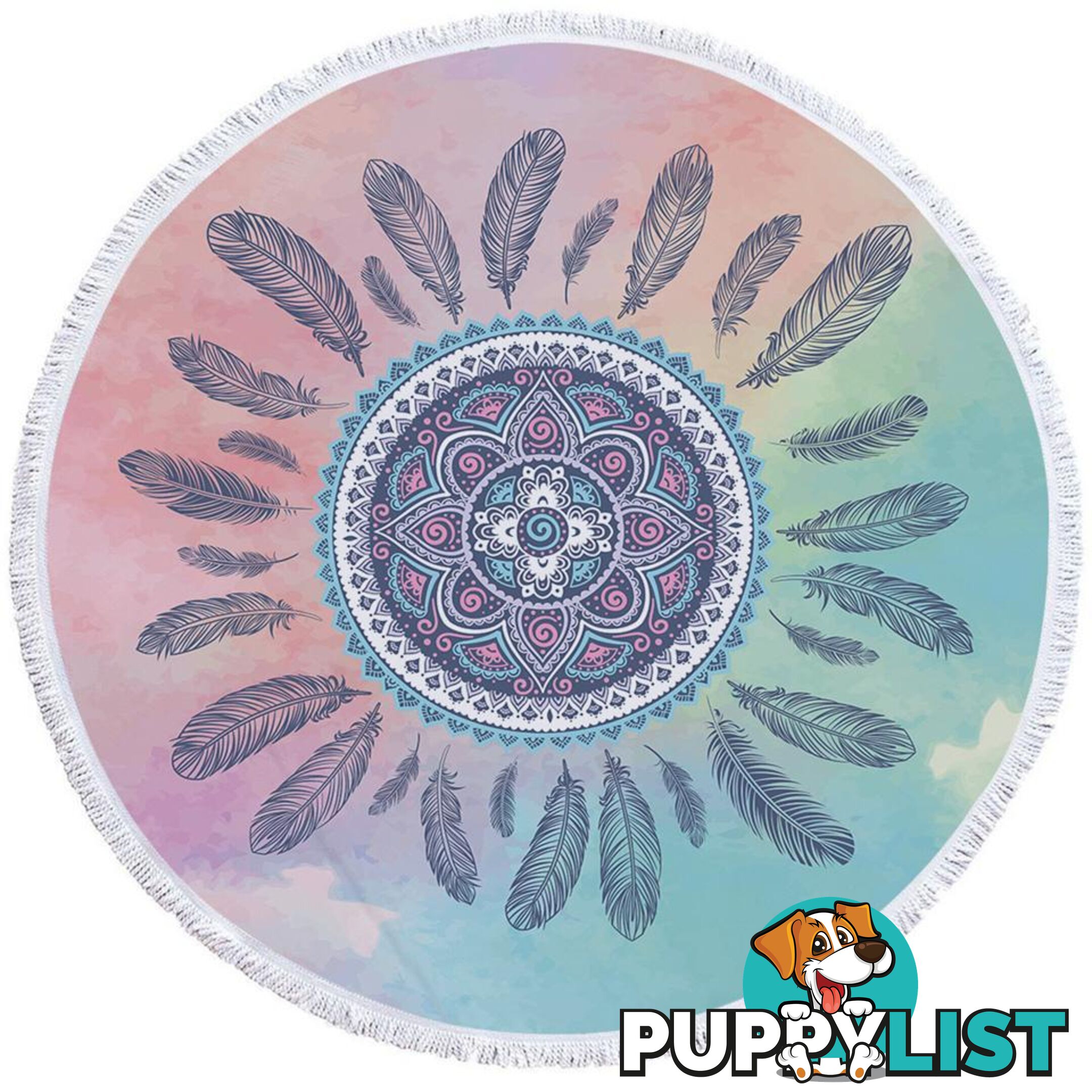 Pastel Background Feathers And Mandala Beach Towel - Towel - 7427046312004