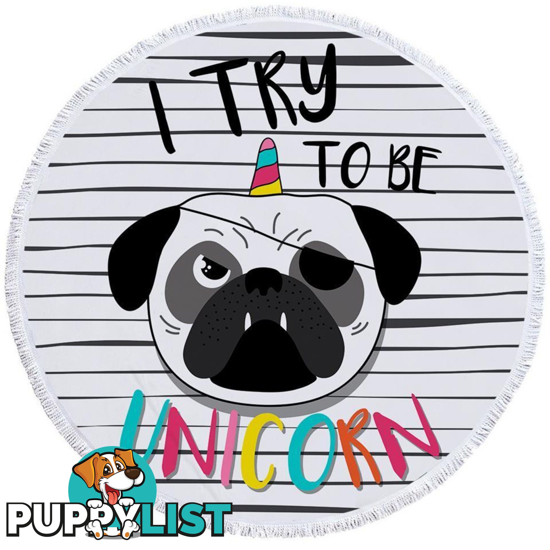 Tough Unicorn Pug Beach Towel - Towel - 7427046309974