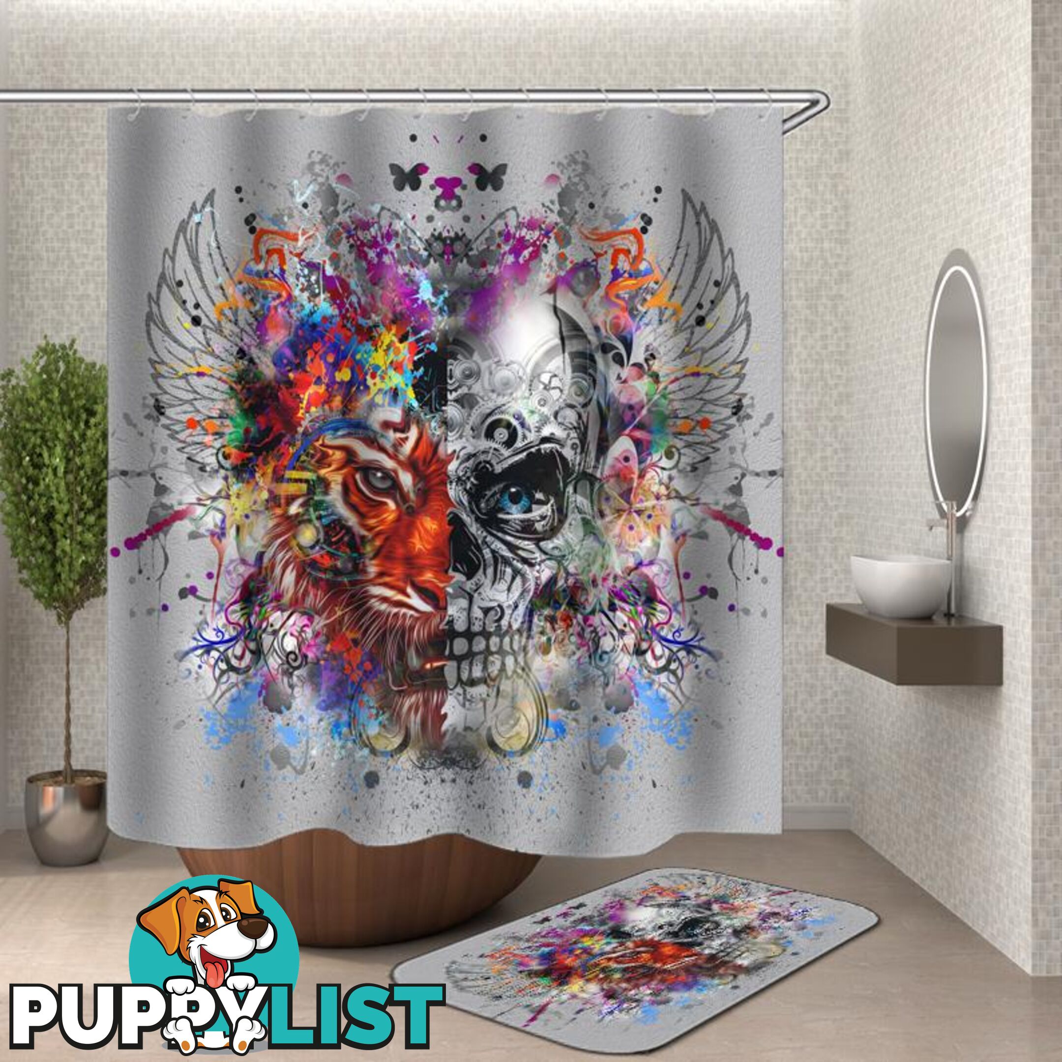 Crazy Colorful Mix Skull And Tiger - Curtain - 7427046120791