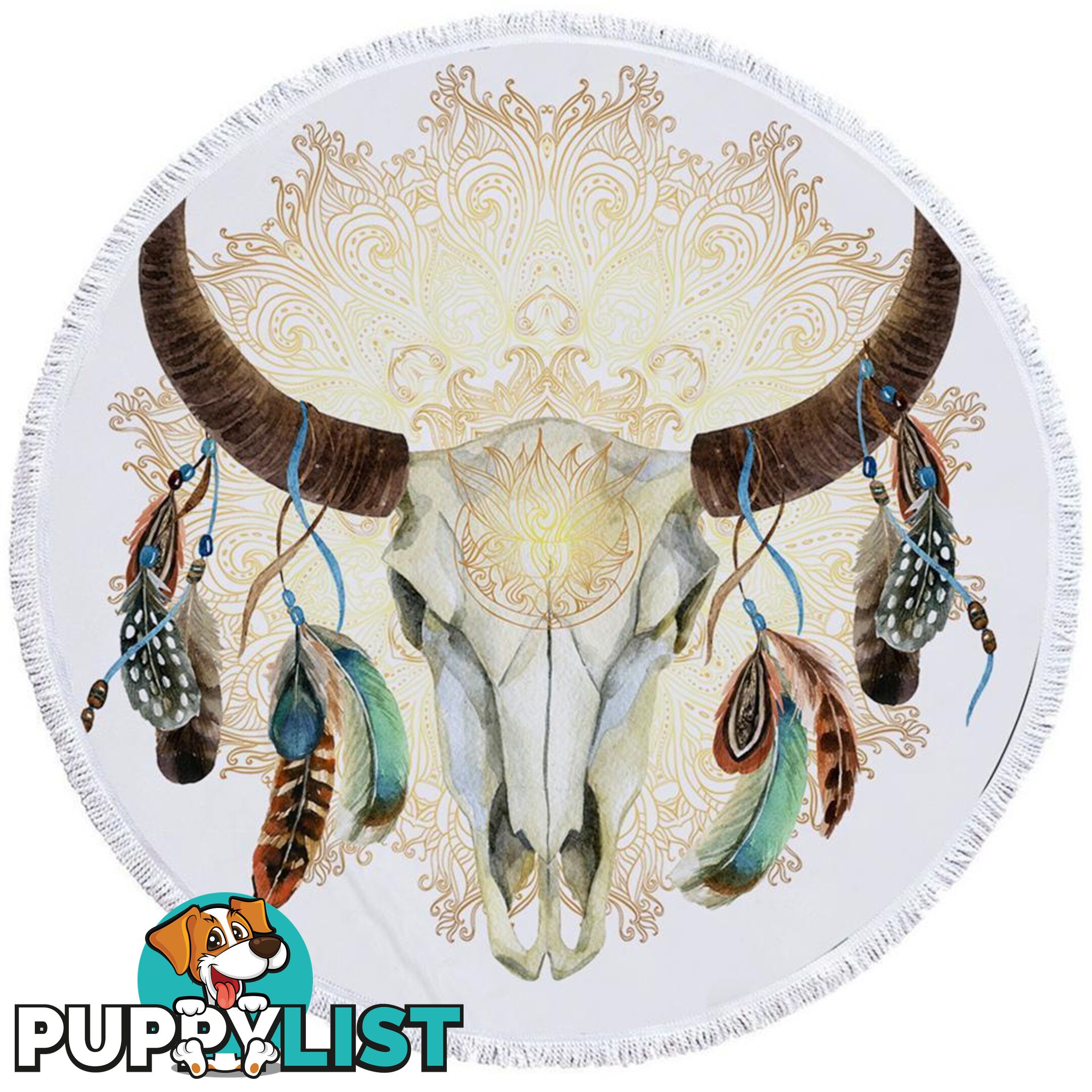 Bull Skull Feathers and Mandala Beach Towel - Towel - 7427046314244