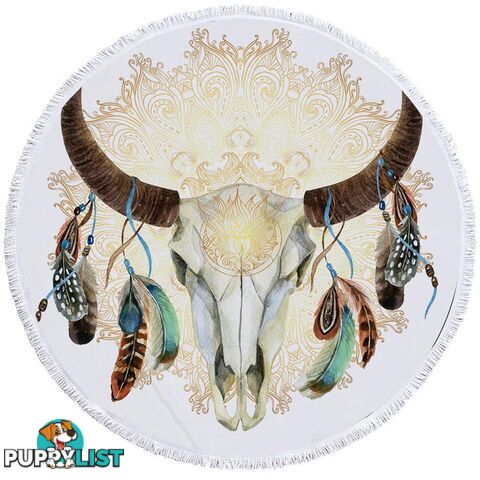 Bull Skull Feathers and Mandala Beach Towel - Towel - 7427046314244