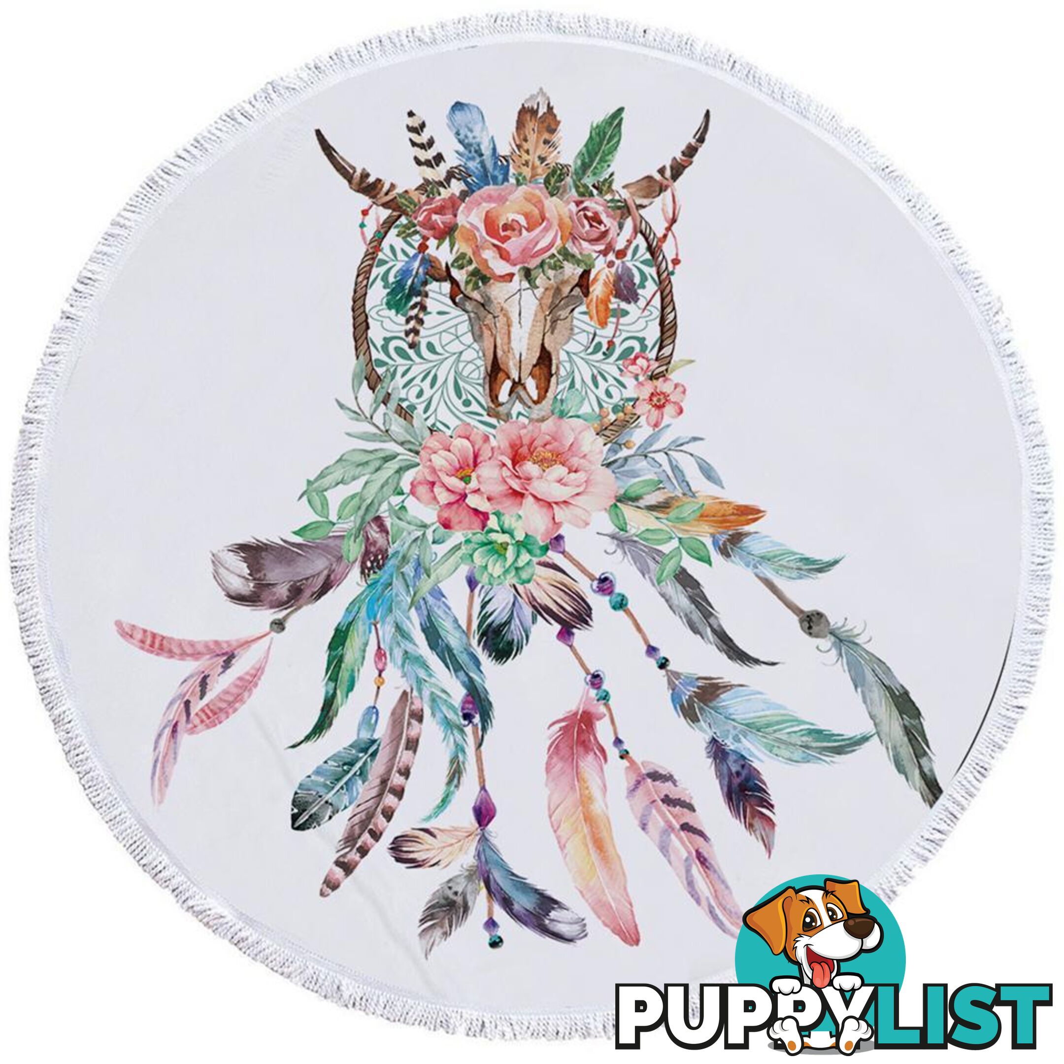 Floral Bull Skull and Dream Catcher Beach Towel - Towel - 7427046313568