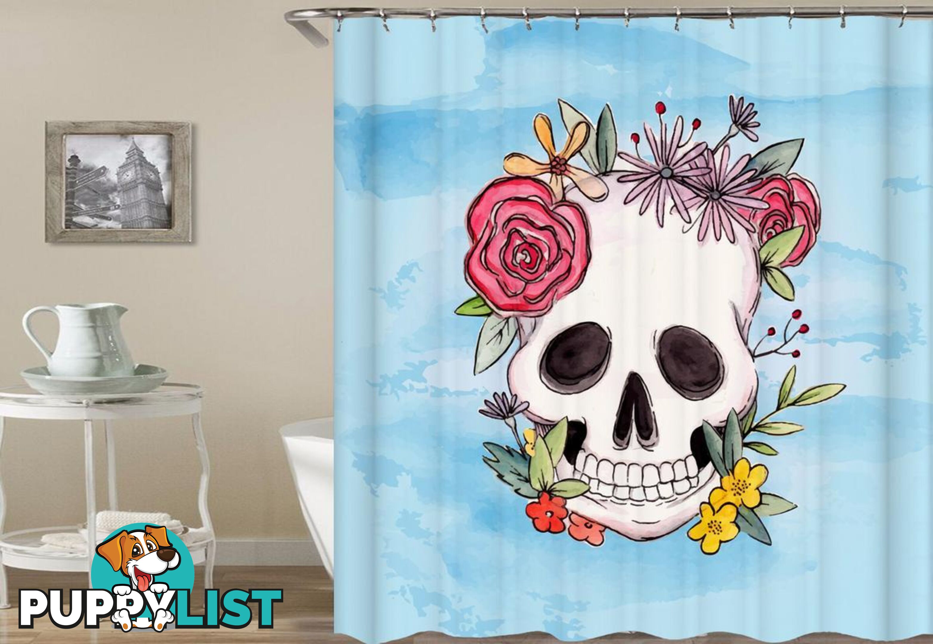 Flowery Skull Drawing Shower Curtain - Curtain - 7427005910333