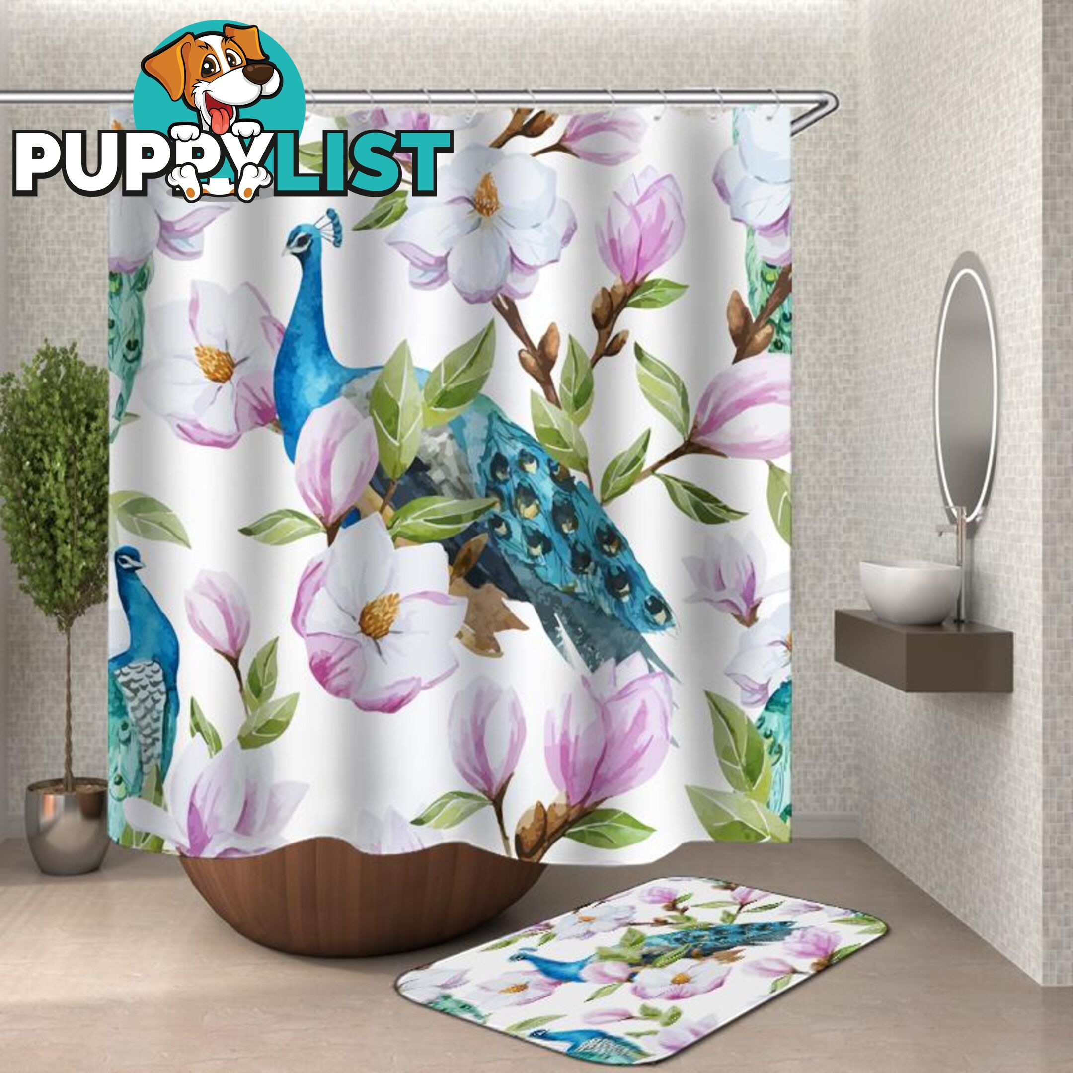 Turquoise Peacock And Flowers Shower Curtain - Curtain - 7427046128919