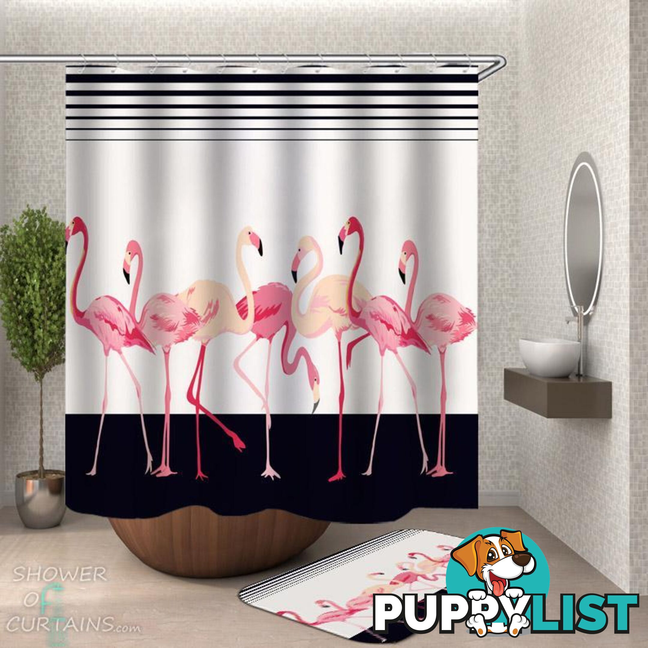 Flamingos Over Black and White Shower Curtain - Curtain - 7427046299152