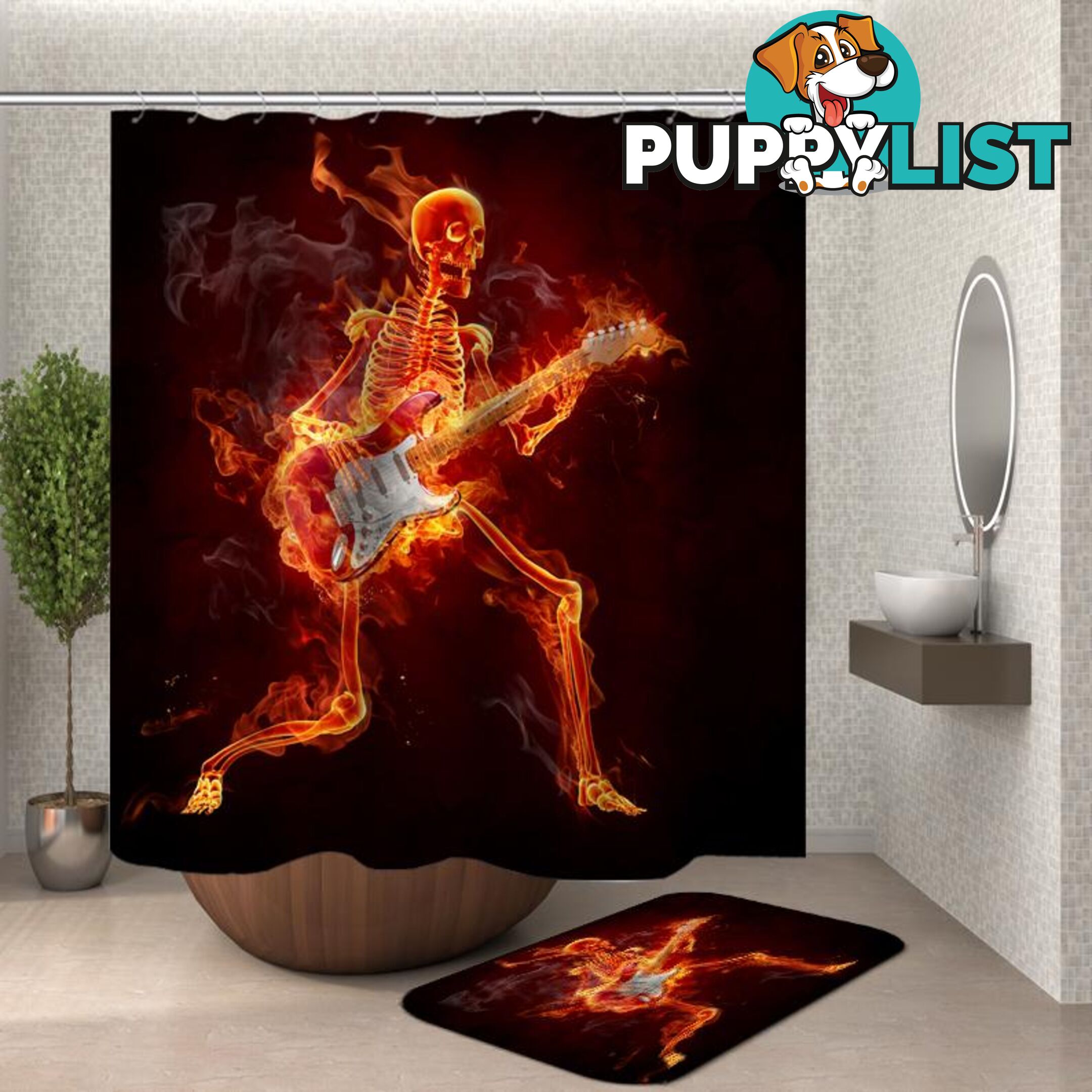 Jamming In Flames Skeleton Shower Curtain - Curtain - 7427046118545