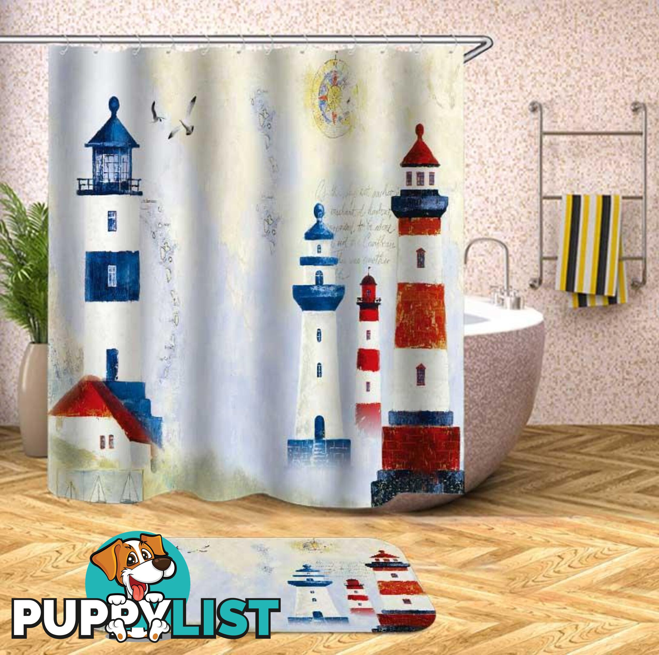 Old Town Lighthouse Painting Shower Curtain - Curtain - 7427046074681