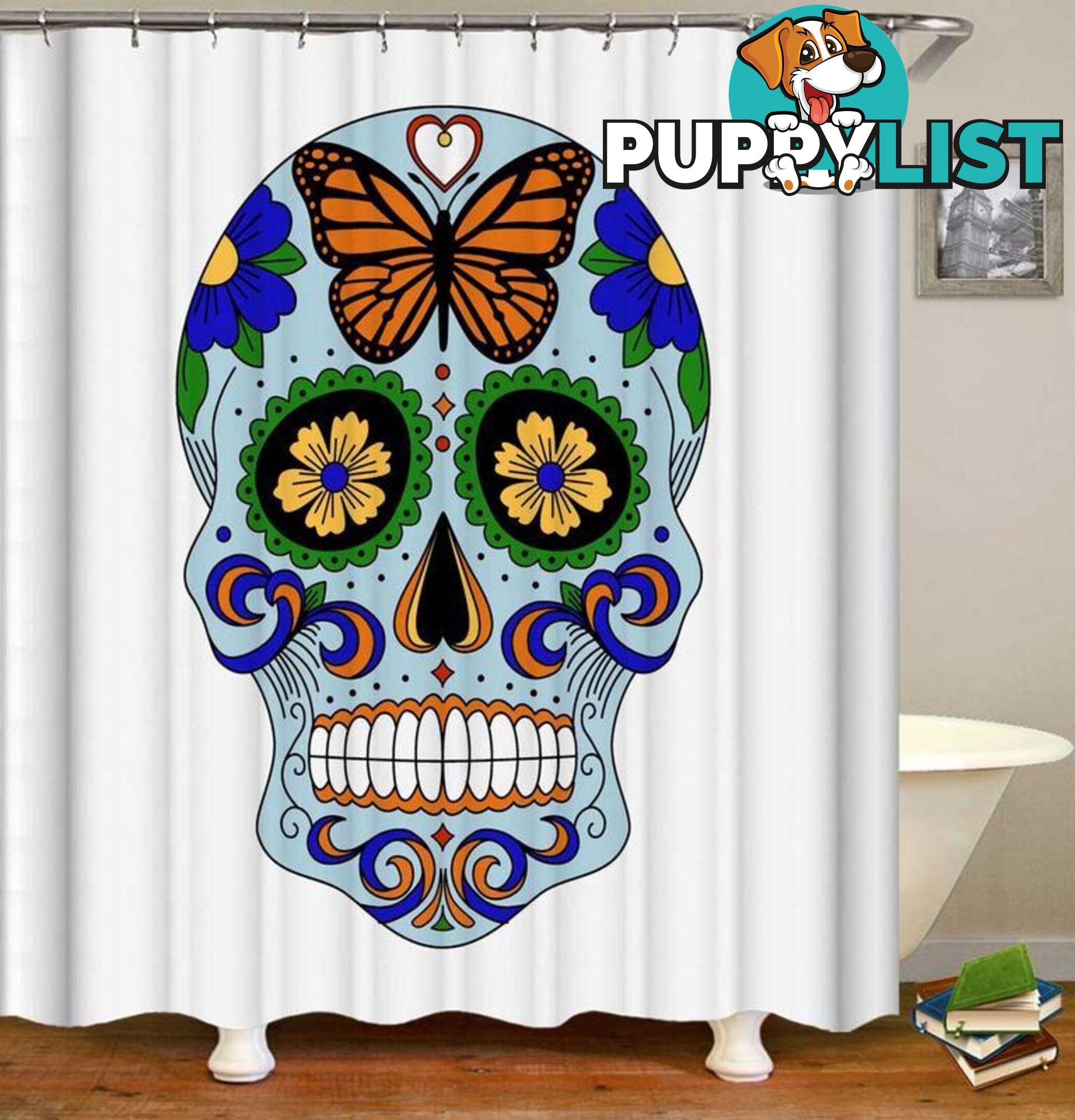 Fresh Light Blue Sugar Skull Shower Curtain - Curtains - 7427046060424