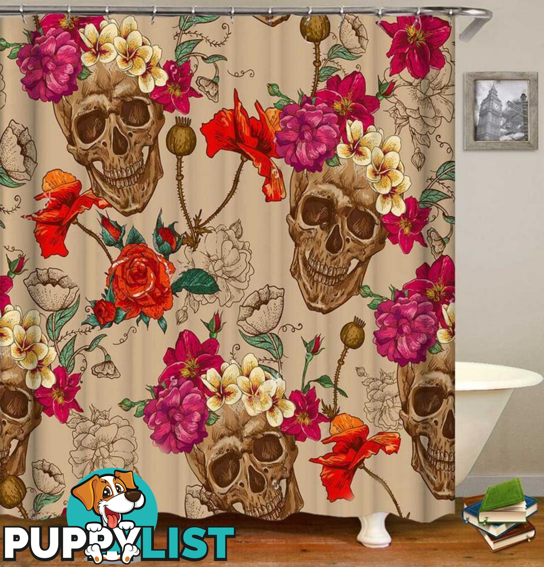 Fresh Flowers Fit Skulls Painting Shower Curtain - Curtains - 7427046060202