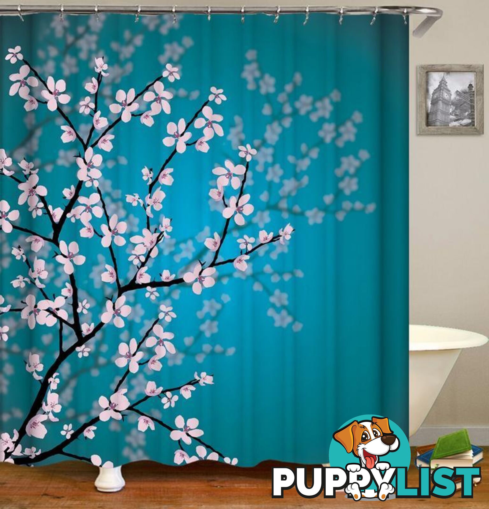 Cherry Blossom Over The Turquoise Shower Curtain - Curtain - 7427005941474