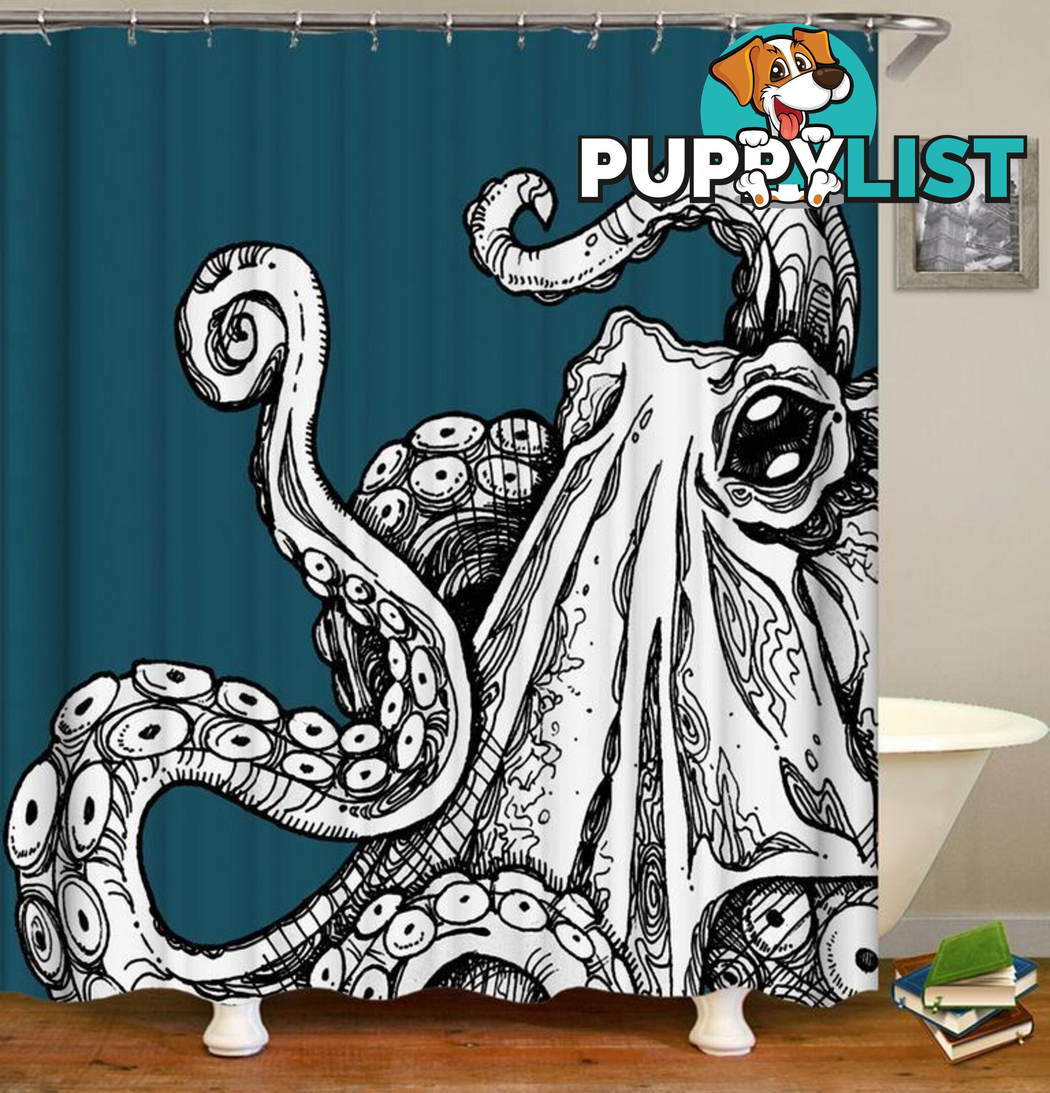 Black & White Octopus Over Turquoise Shower Curtain - Curtain - 7427046003049