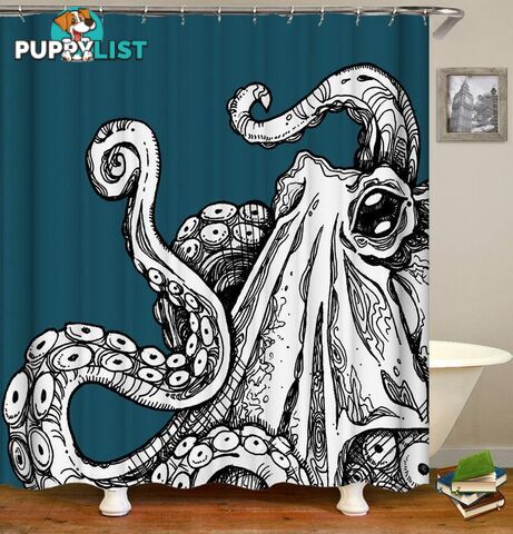 Black & White Octopus Over Turquoise Shower Curtain - Curtain - 7427046003049