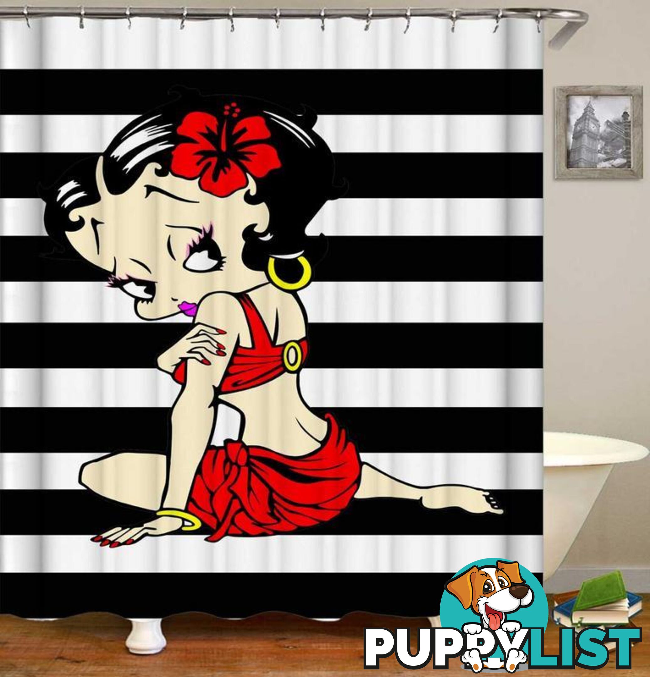 Sexy Betty Boop Over Black And White Stripes Shower Curtain - Curtain - 7427046053976