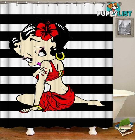 Sexy Betty Boop Over Black And White Stripes Shower Curtain - Curtain - 7427046053976