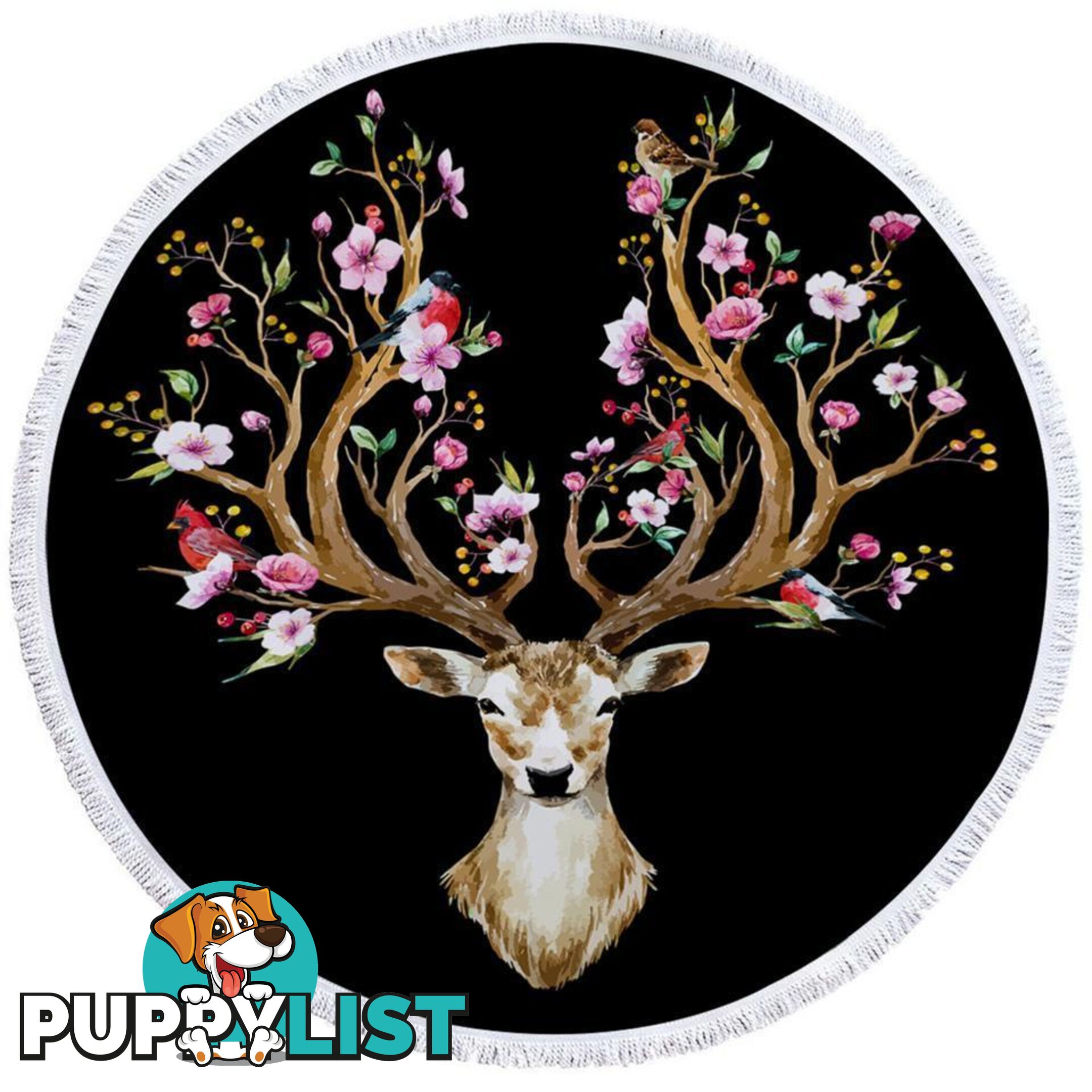 Black Background Floral Deer Beach Towel - Towel - 7427046312806