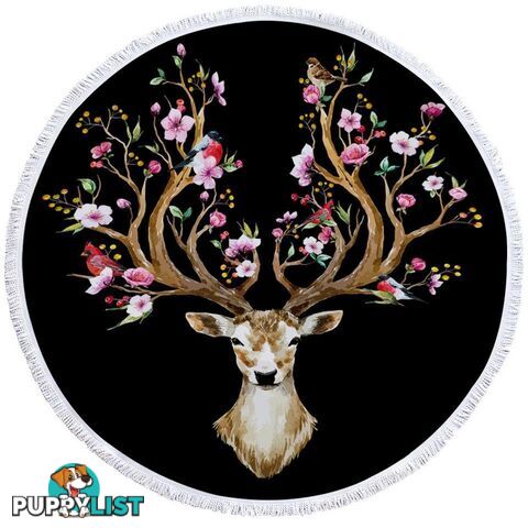 Black Background Floral Deer Beach Towel - Towel - 7427046312806