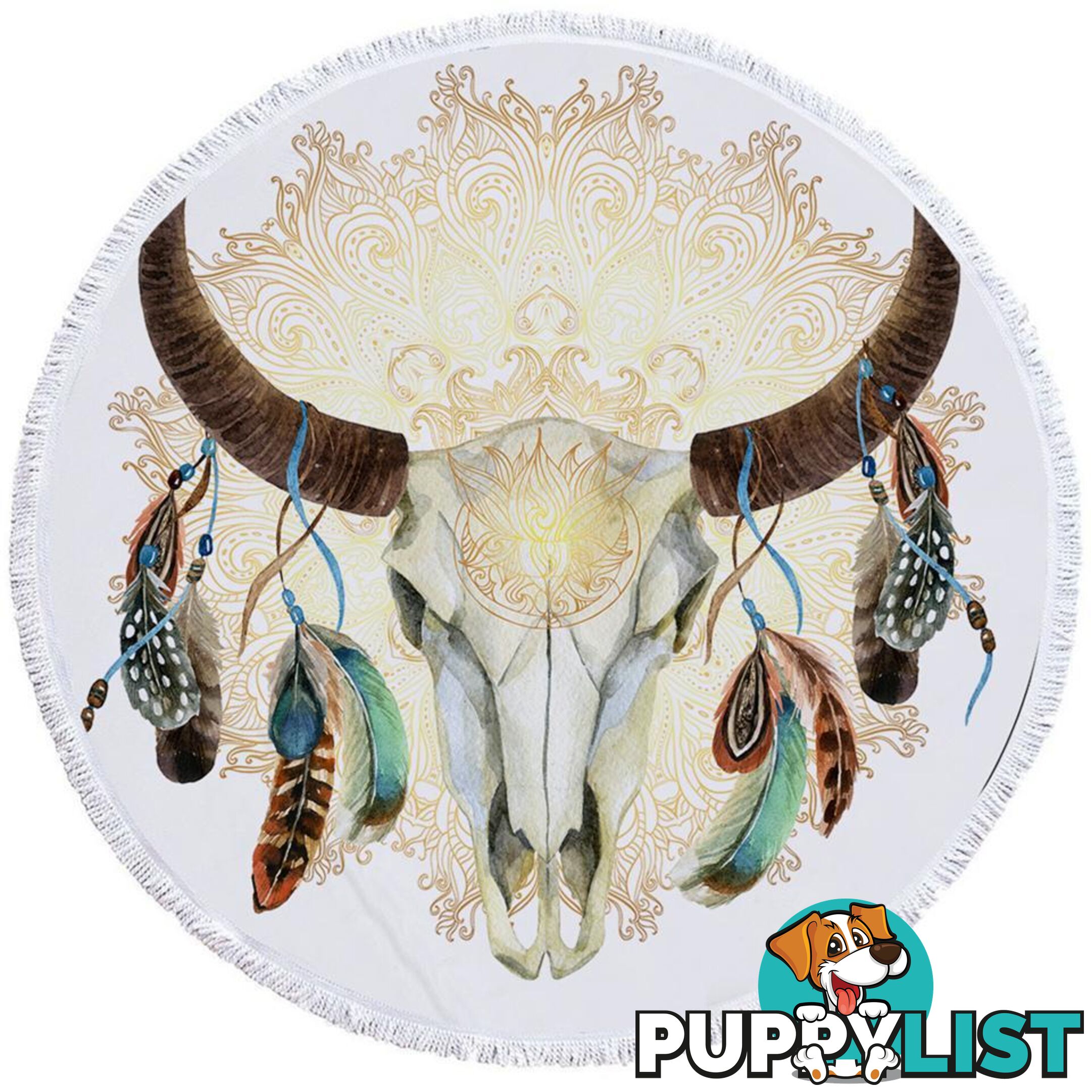 Bull Skull Feathers and Mandala Beach Towel - Towel - 7427046314275