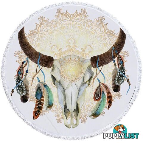 Bull Skull Feathers and Mandala Beach Towel - Towel - 7427046314275