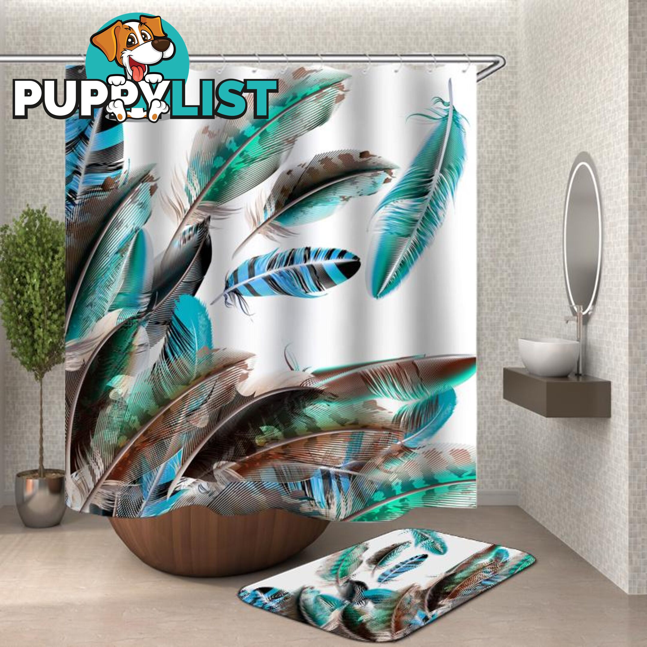 Turquoise Teal Feathers Shower Curtain - Curtain - 7427046119283