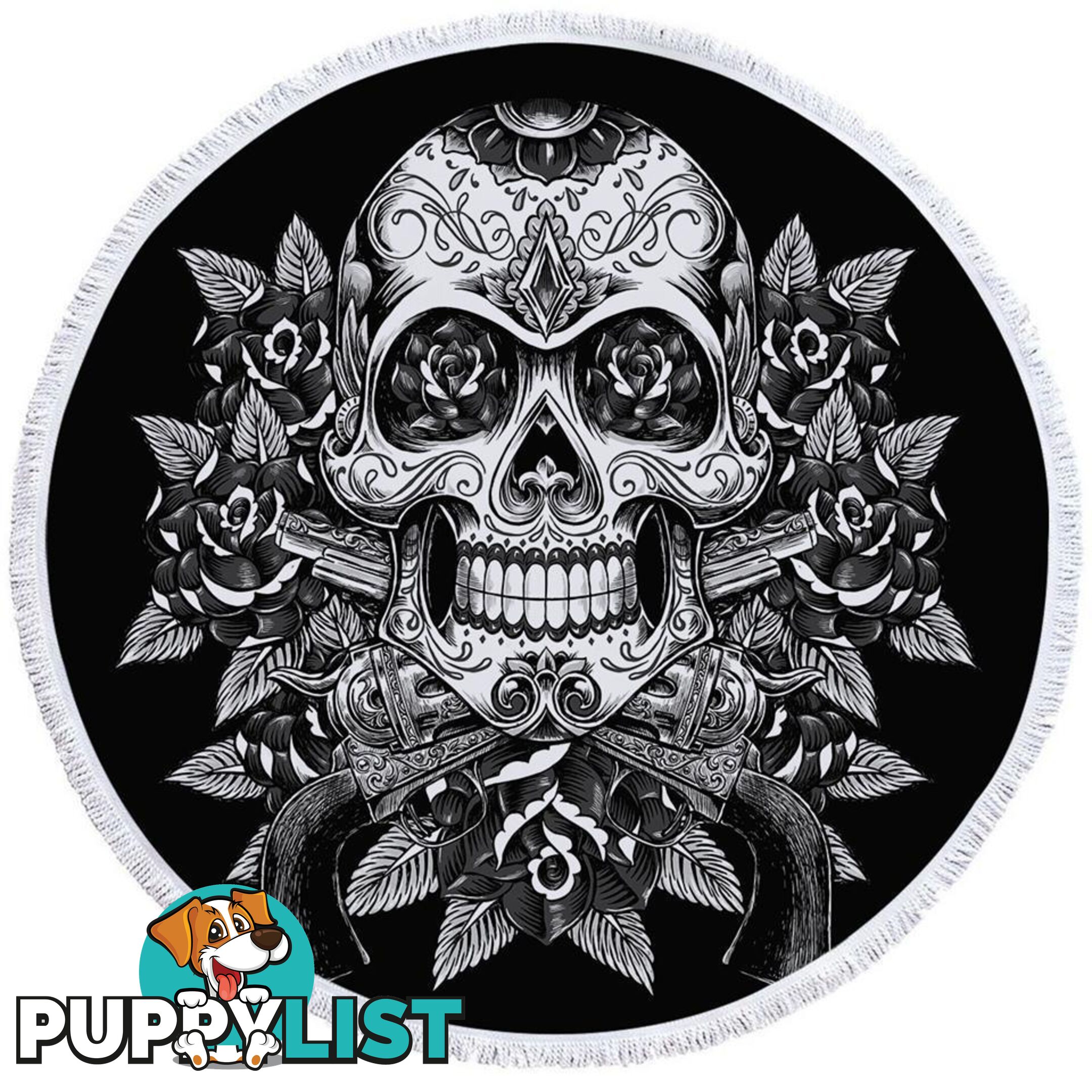 Black and White Skull Guns and Roses Beach Towel - Towel - 7427046320818