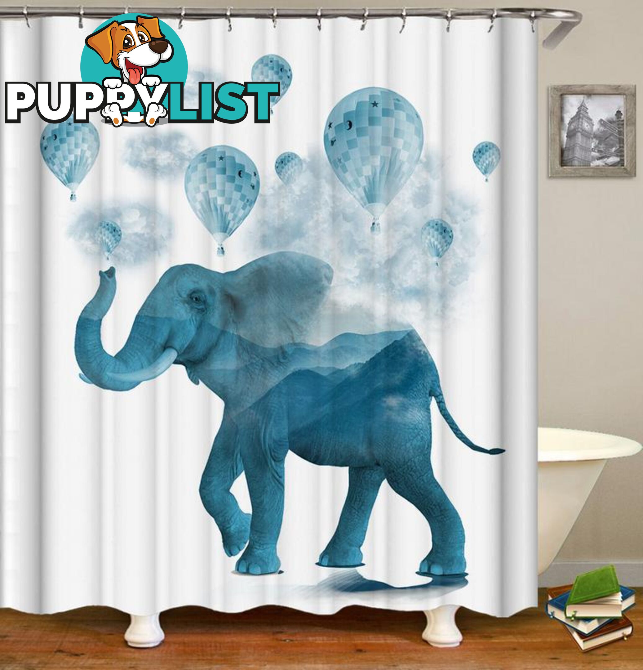 Blue Hot-Air Balloons And Elephant Shower Curtain - Curtain - 7427045996380