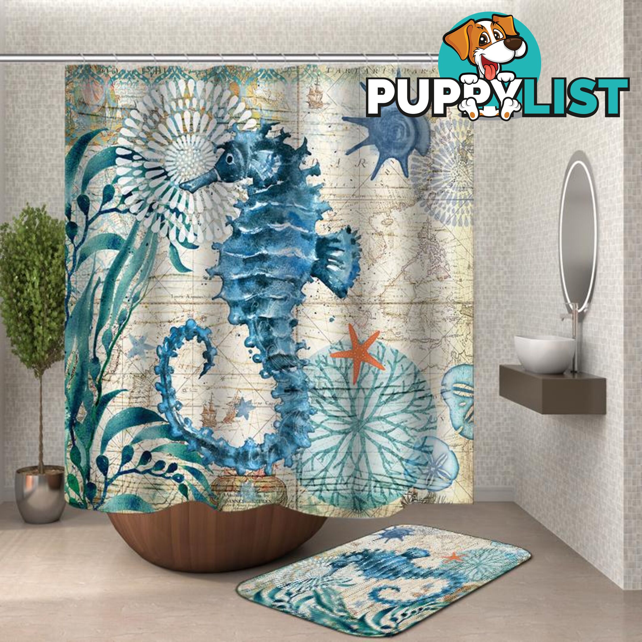 Vintage Map Seahorse Shower Curtain - Curtain - 7427046125949