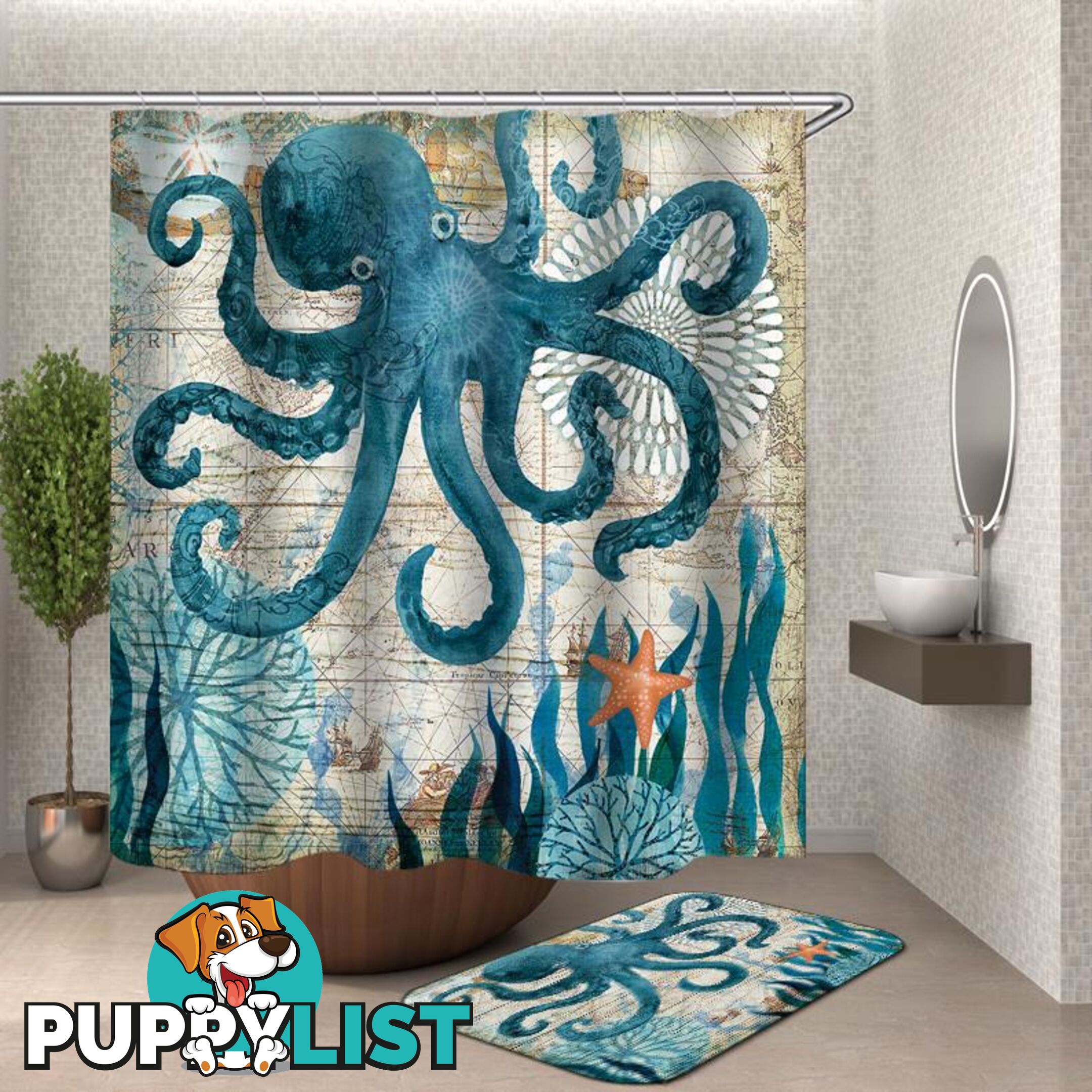 Octopus Vintage Map Shower Curtain - Curtain - 7427046104371